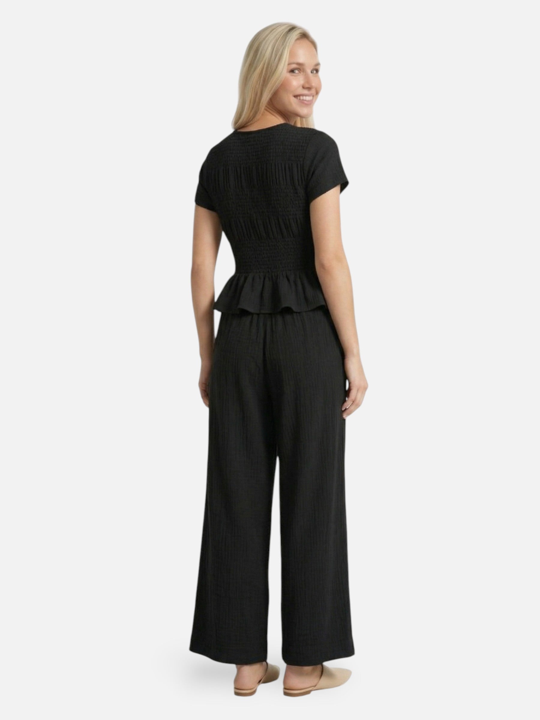 Ensemble femme à manches courtes et pantalon large texturé