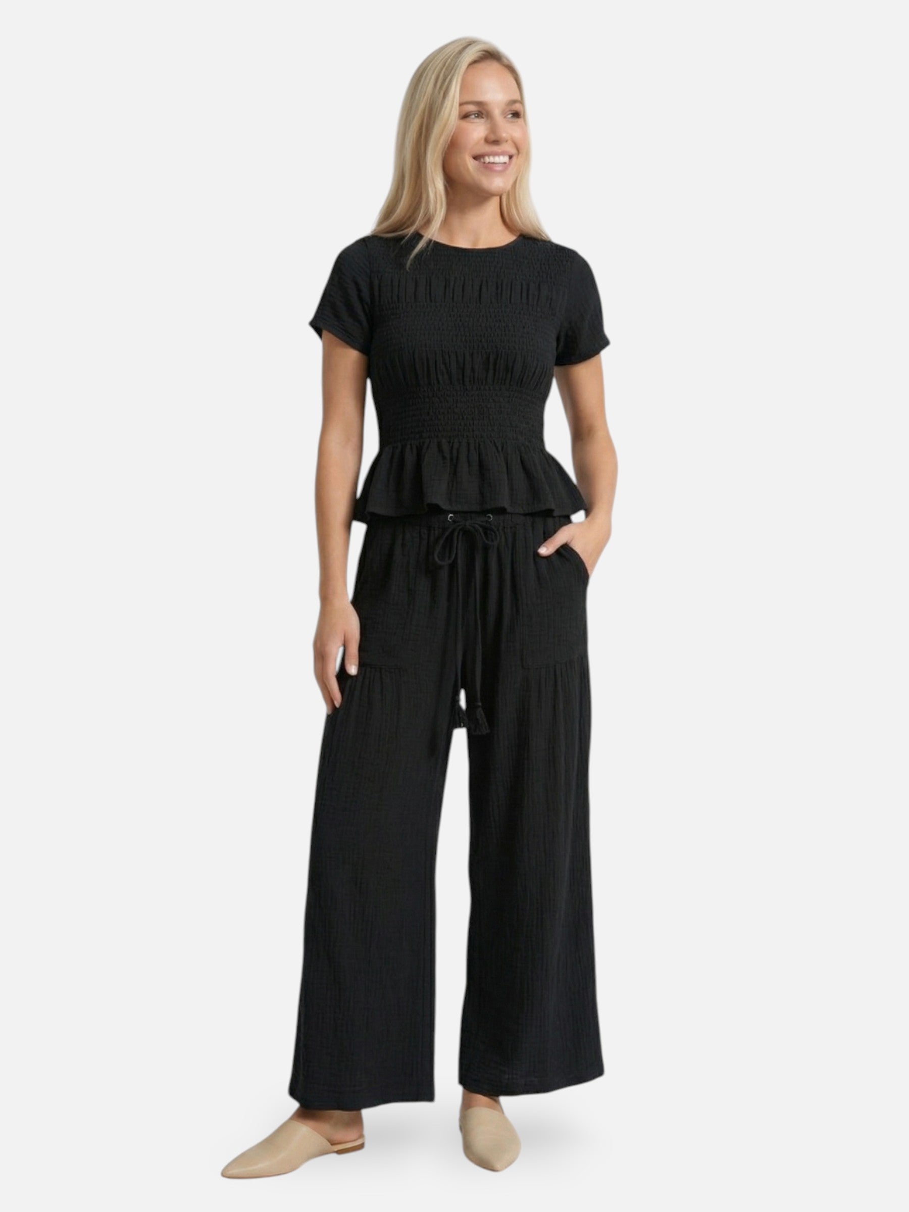 Ensemble femme à manches courtes et pantalon large texturé