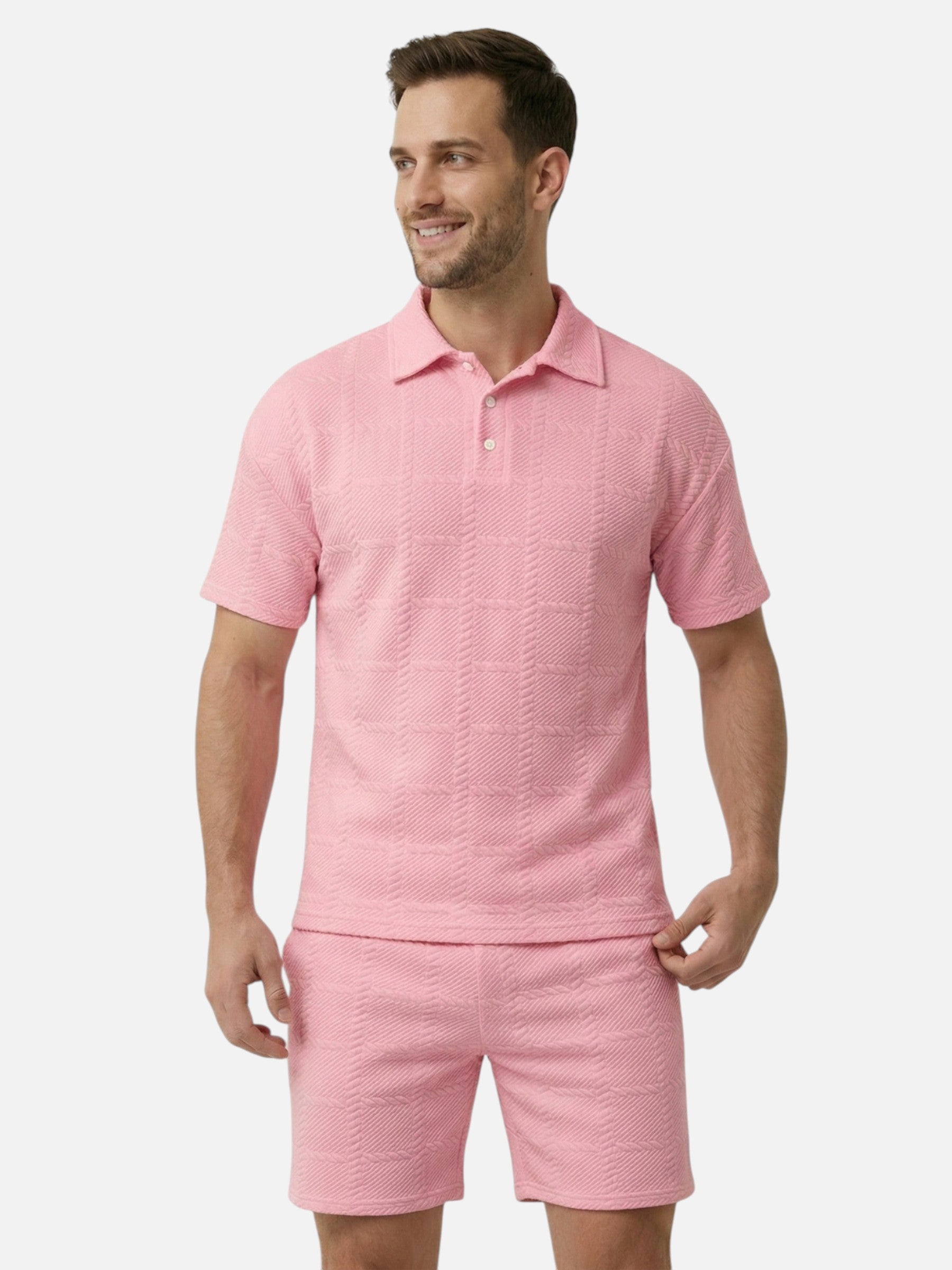 Conjunto de polo y pantalones cortos texturizados de manga corta para hombre