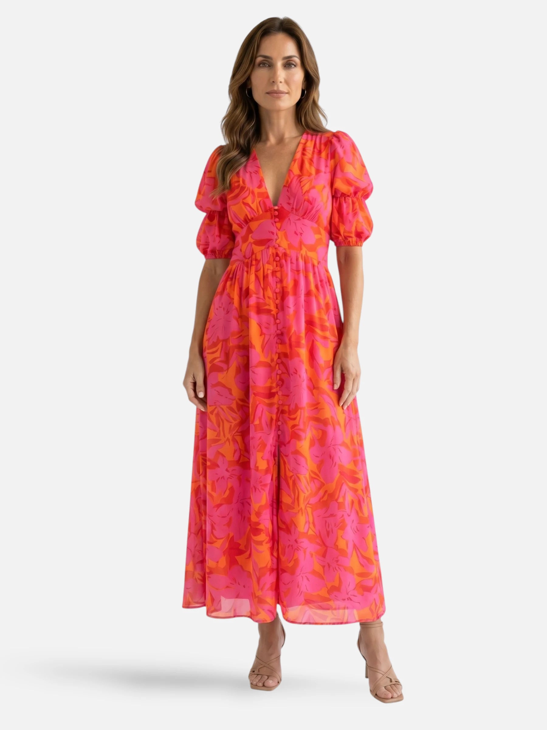Robe longue rose et orange imprimé floral col en V et manches bouffantes