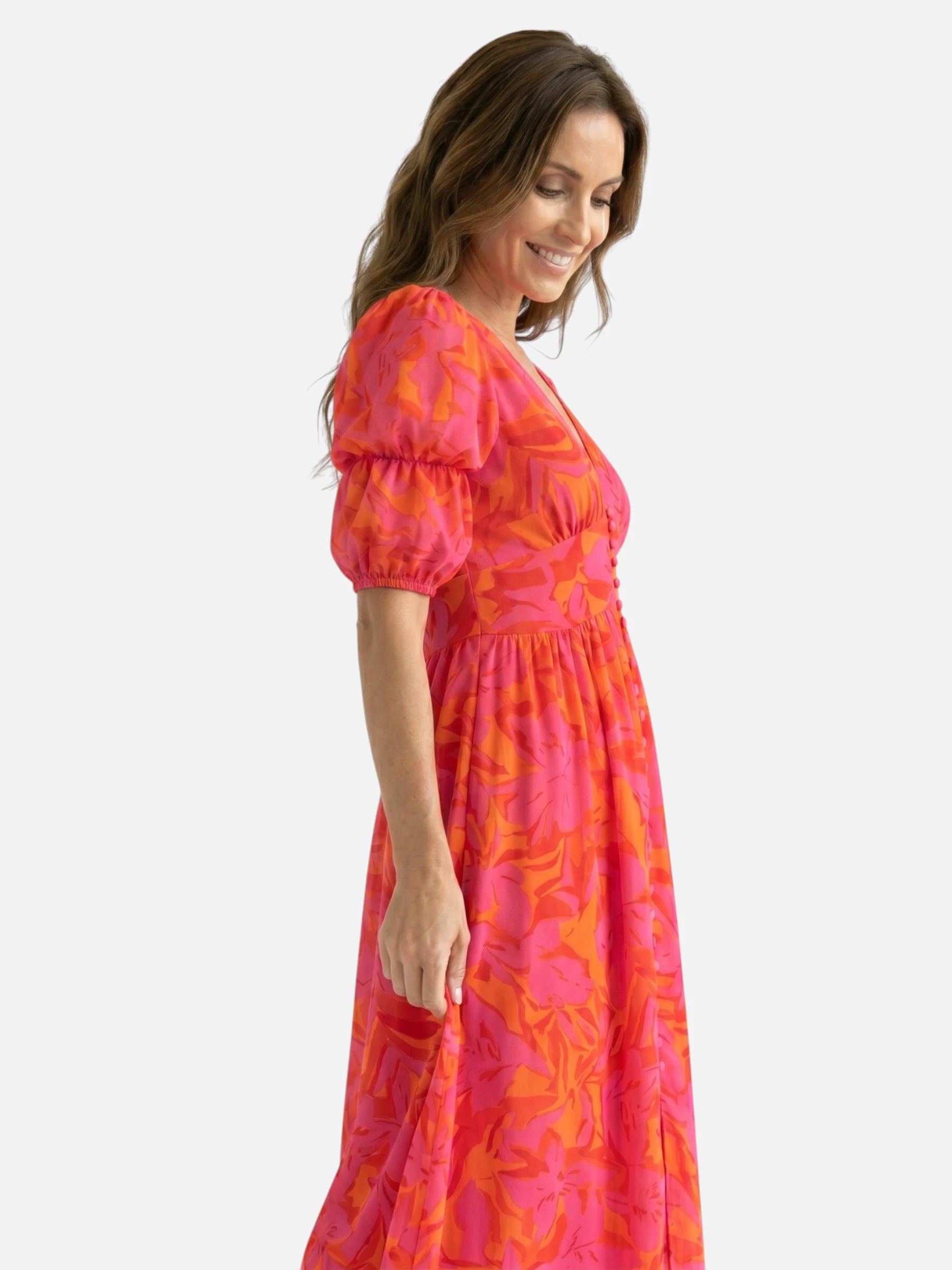 Robe longue rose et orange imprimé floral col en V et manches bouffantes