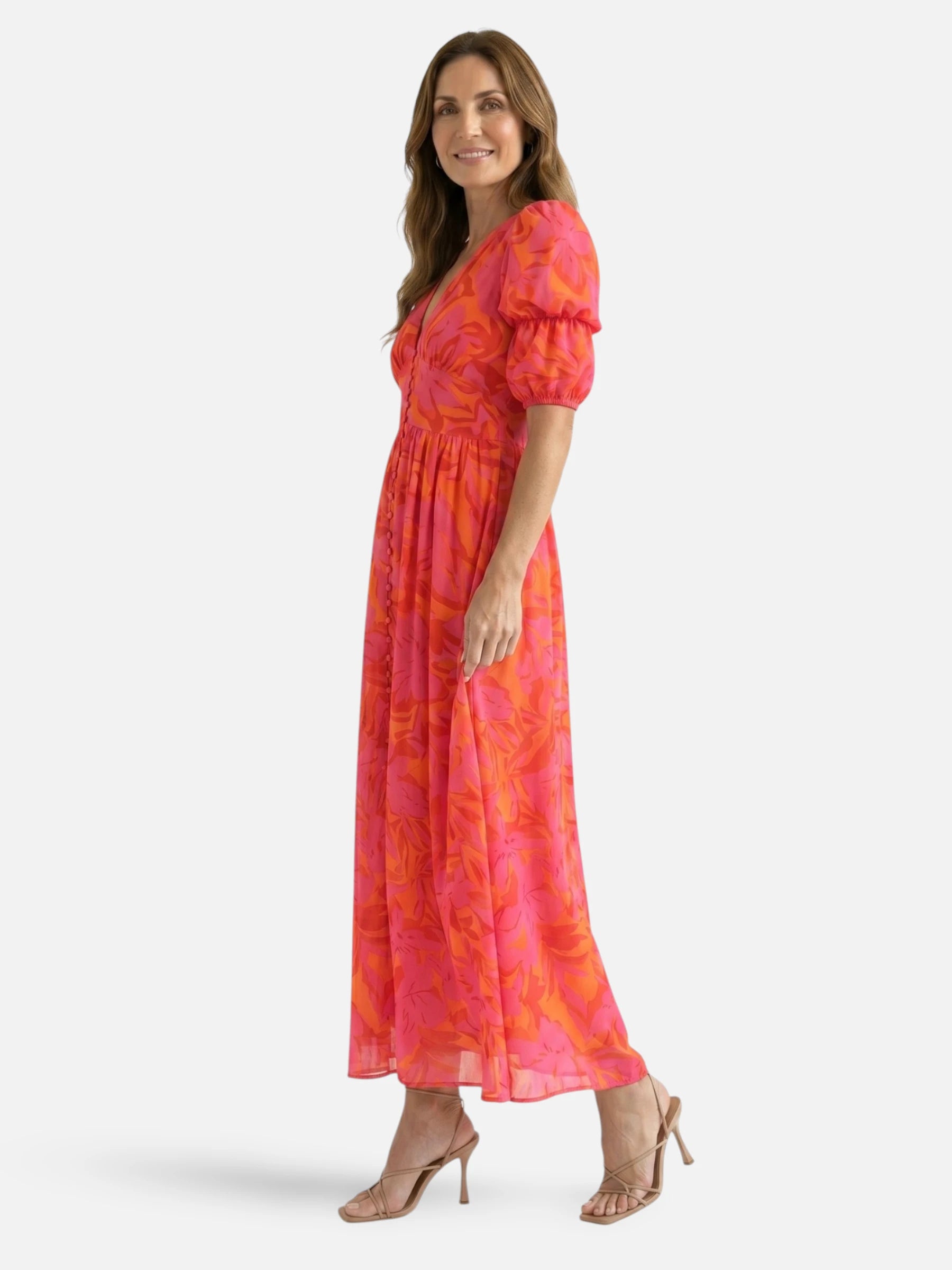 Robe longue rose et orange imprimé floral col en V et manches bouffantes