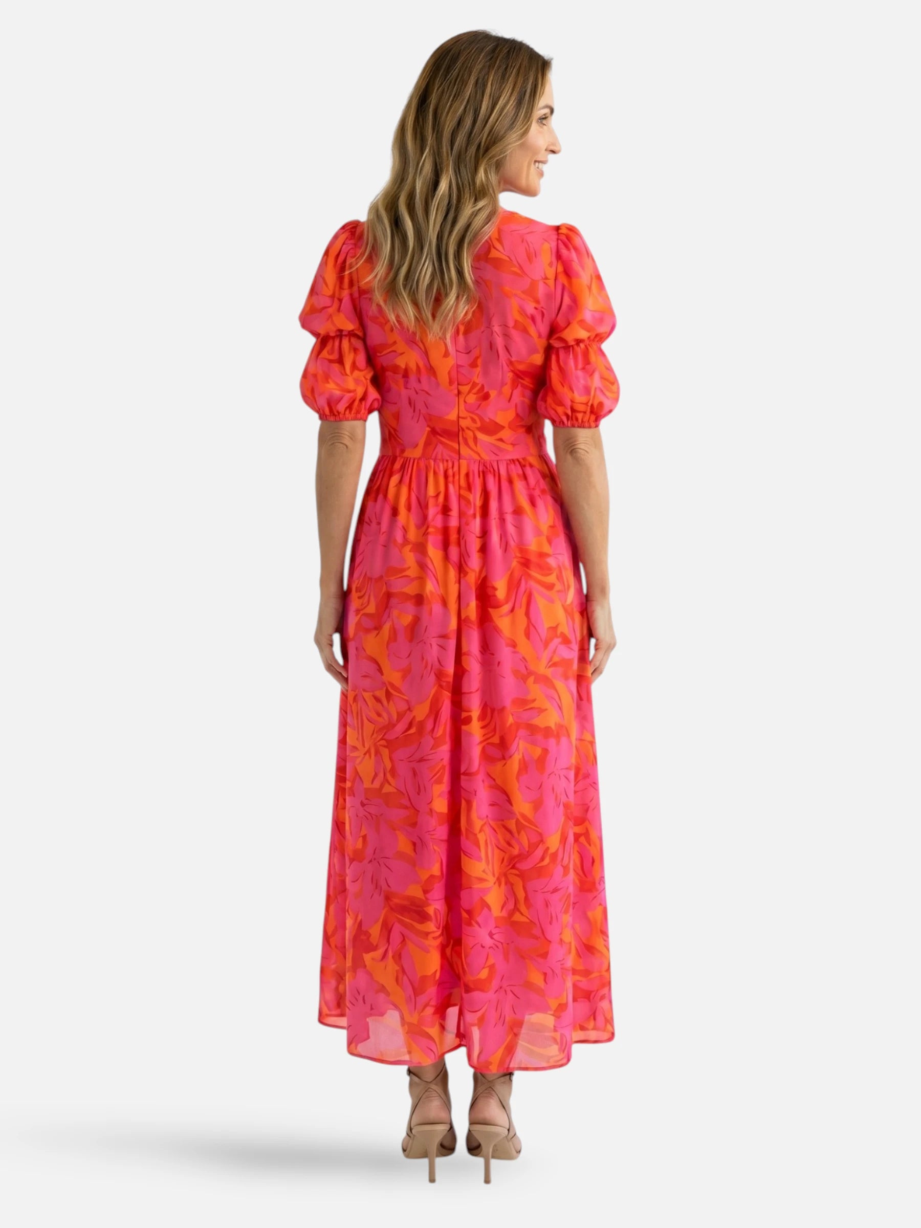Robe longue rose et orange imprimé floral col en V et manches bouffantes