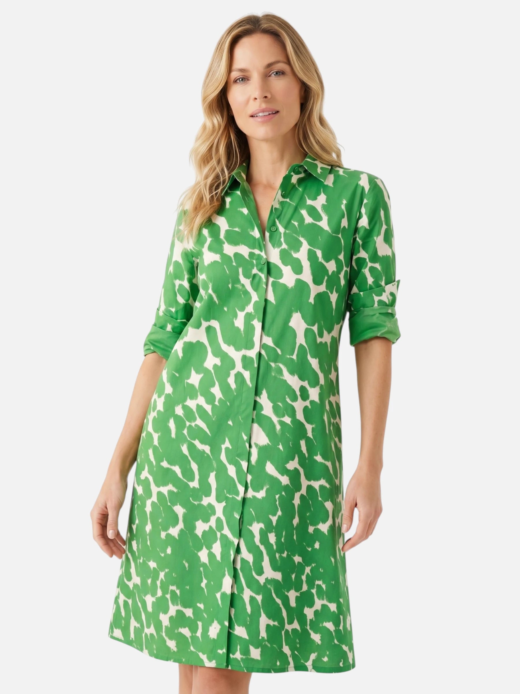 Robe chemise verte imprimé graphique et manches retroussées