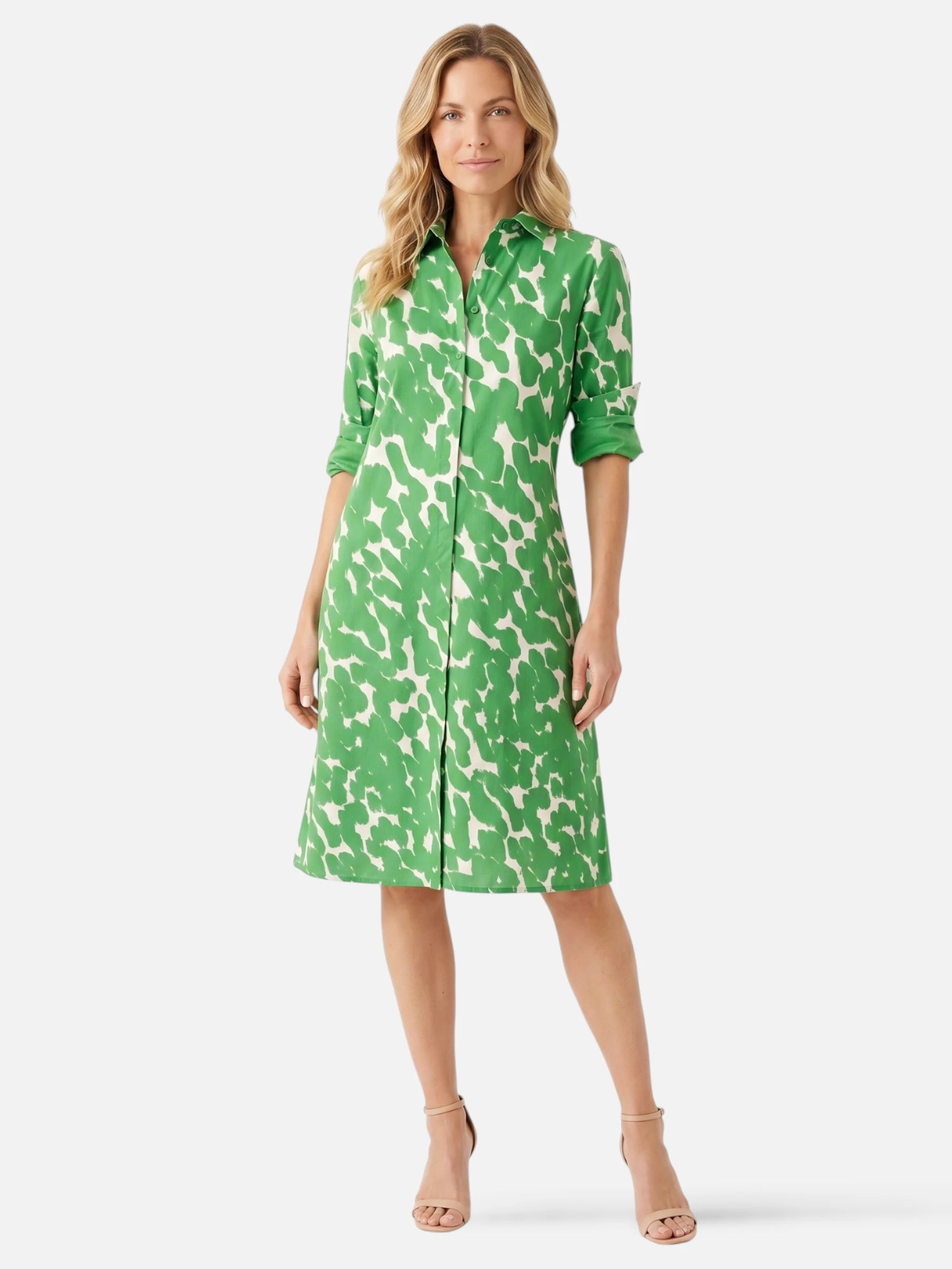 Robe chemise verte imprimé graphique et manches retroussées