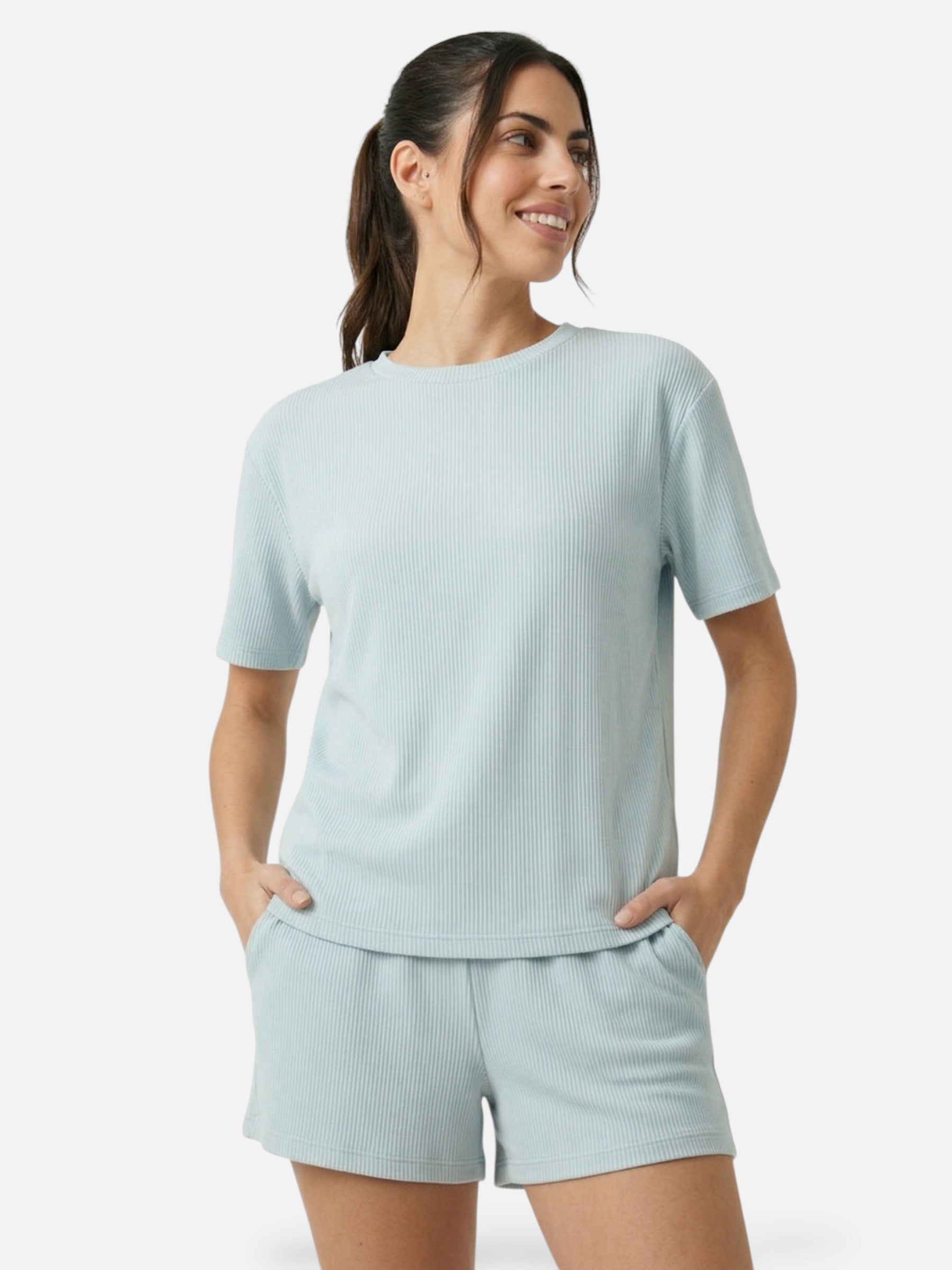 Ensemble femme short et t-shirt manches courtes côtelé
