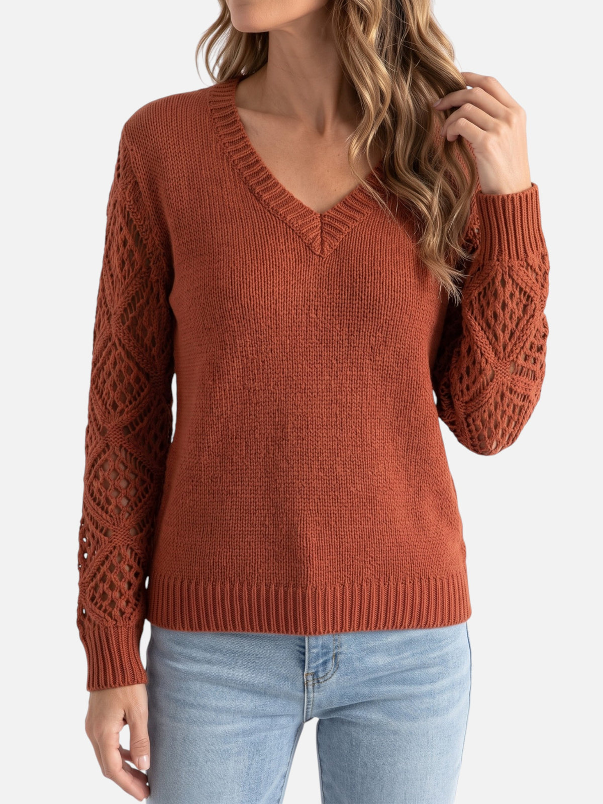 Pull Femme Col V Maille Style Crochet