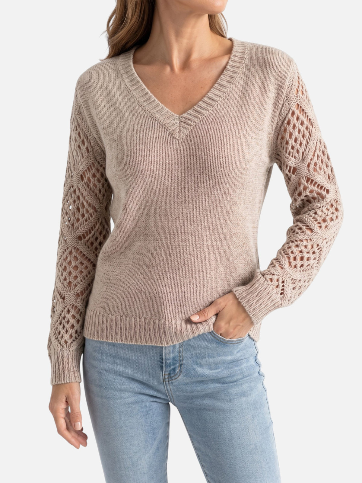 Pull Femme Col V Maille Style Crochet