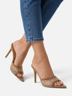 Mules à Talon Aiguille Femme Strass Résille Bout Pointu