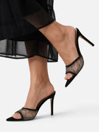 Mules à Talon Aiguille Femme Strass Résille Bout Pointu