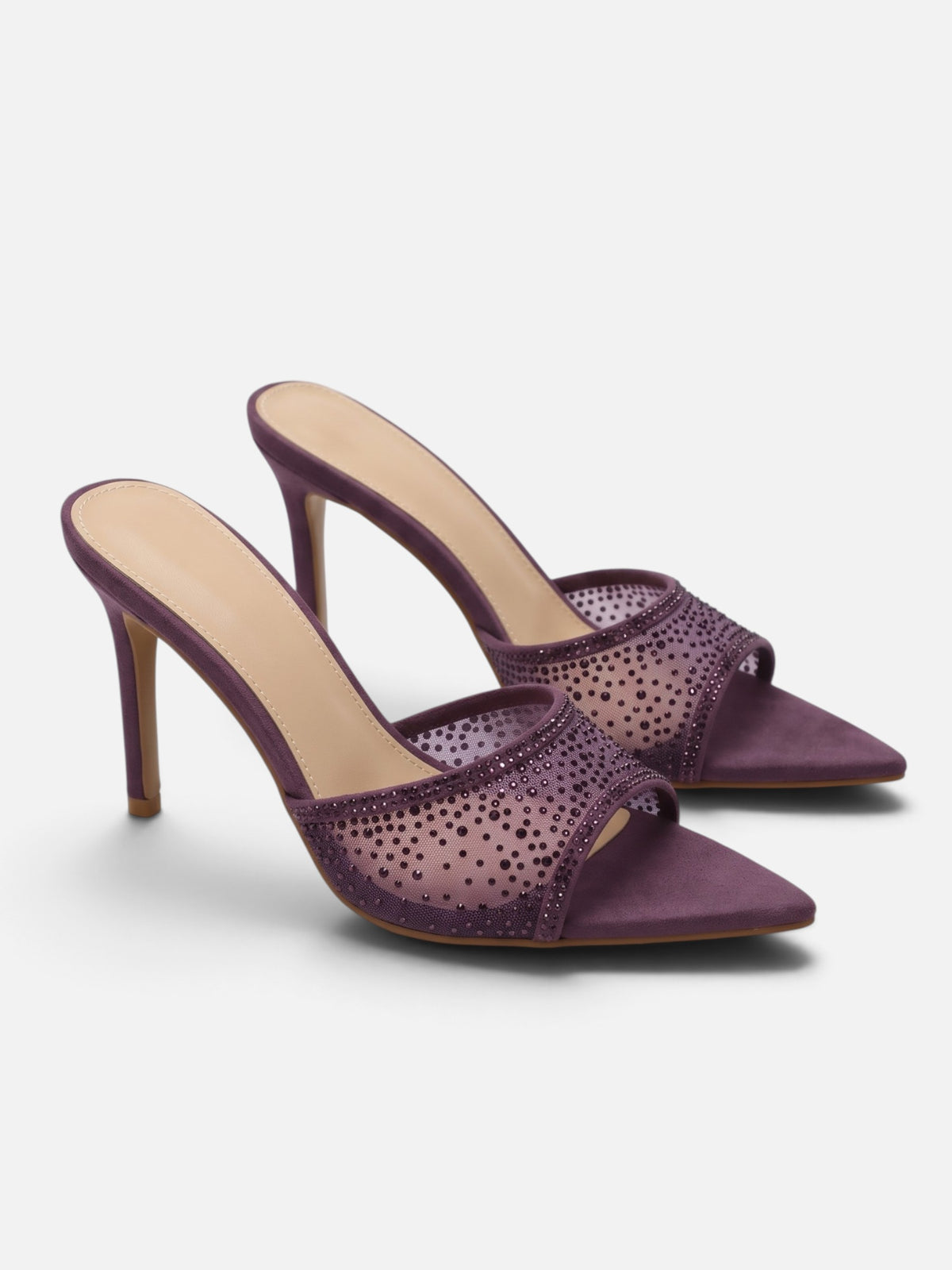 Mules à Talon Aiguille Femme Strass Résille Bout Pointu