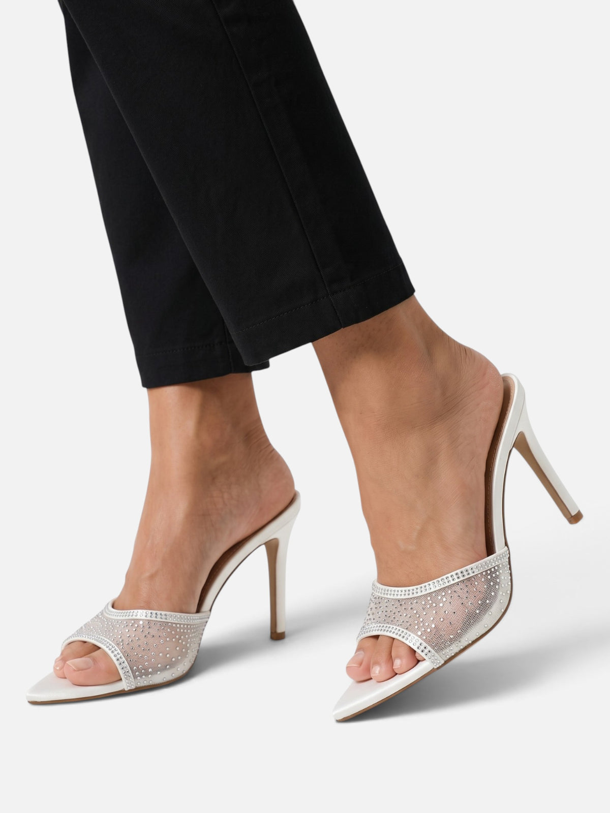 Mules à Talon Aiguille Femme Strass Résille Bout Pointu