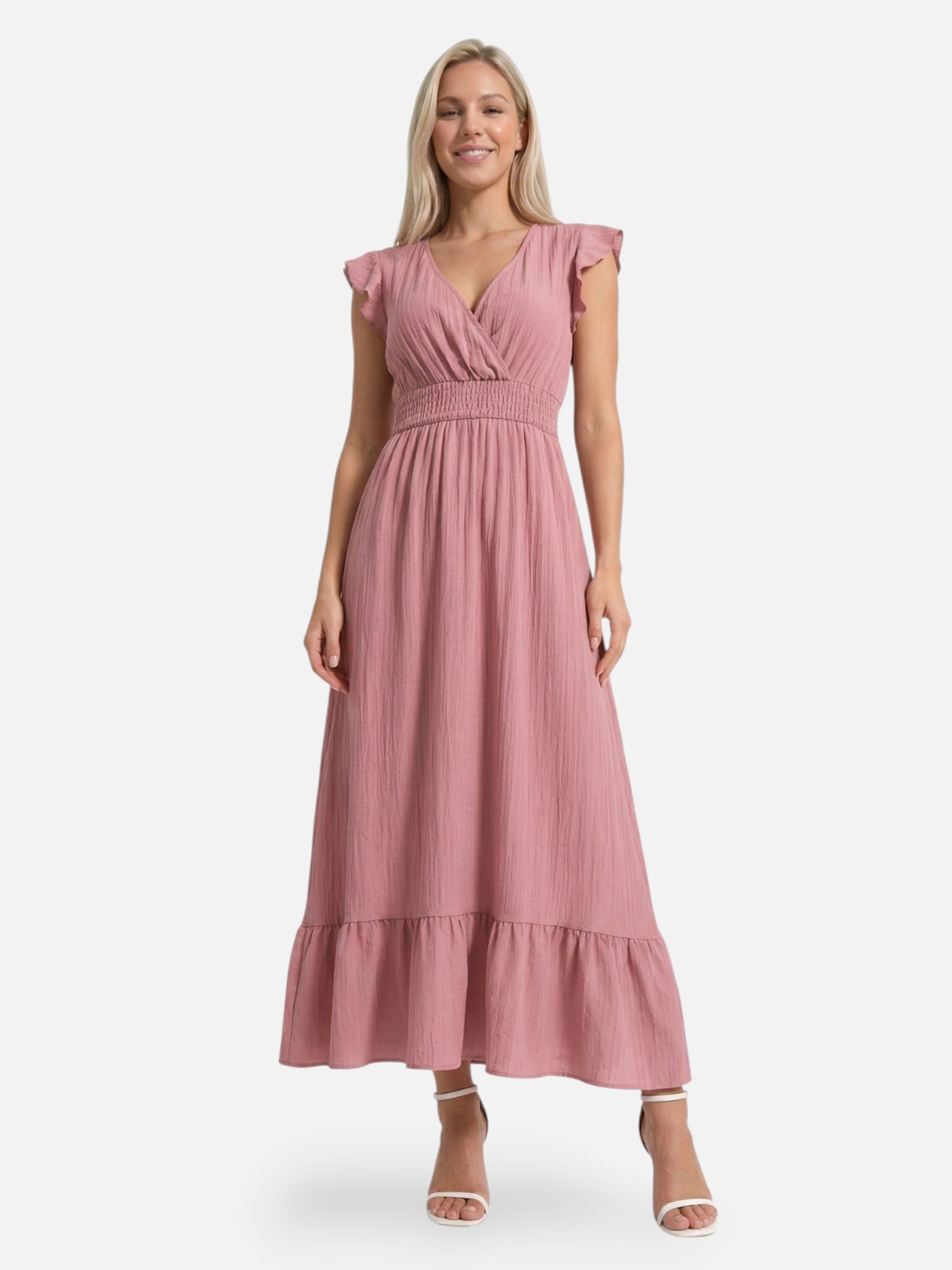 Robe longue femme fluide col V avec manches volantées