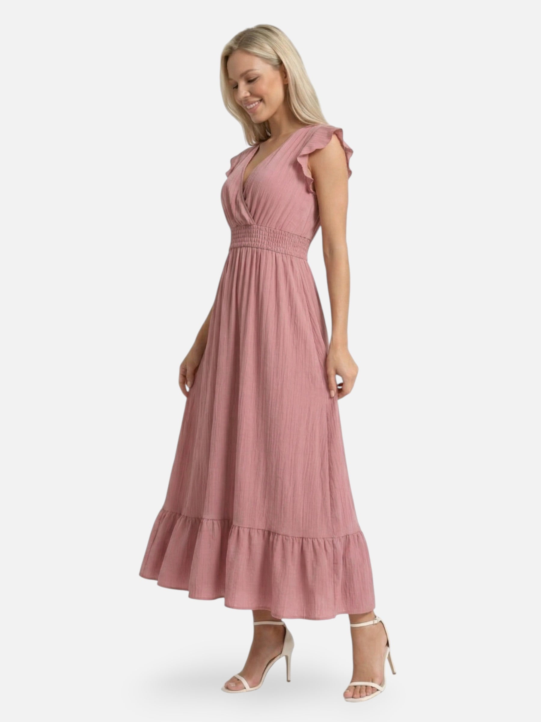 Robe longue femme fluide col V avec manches volantées