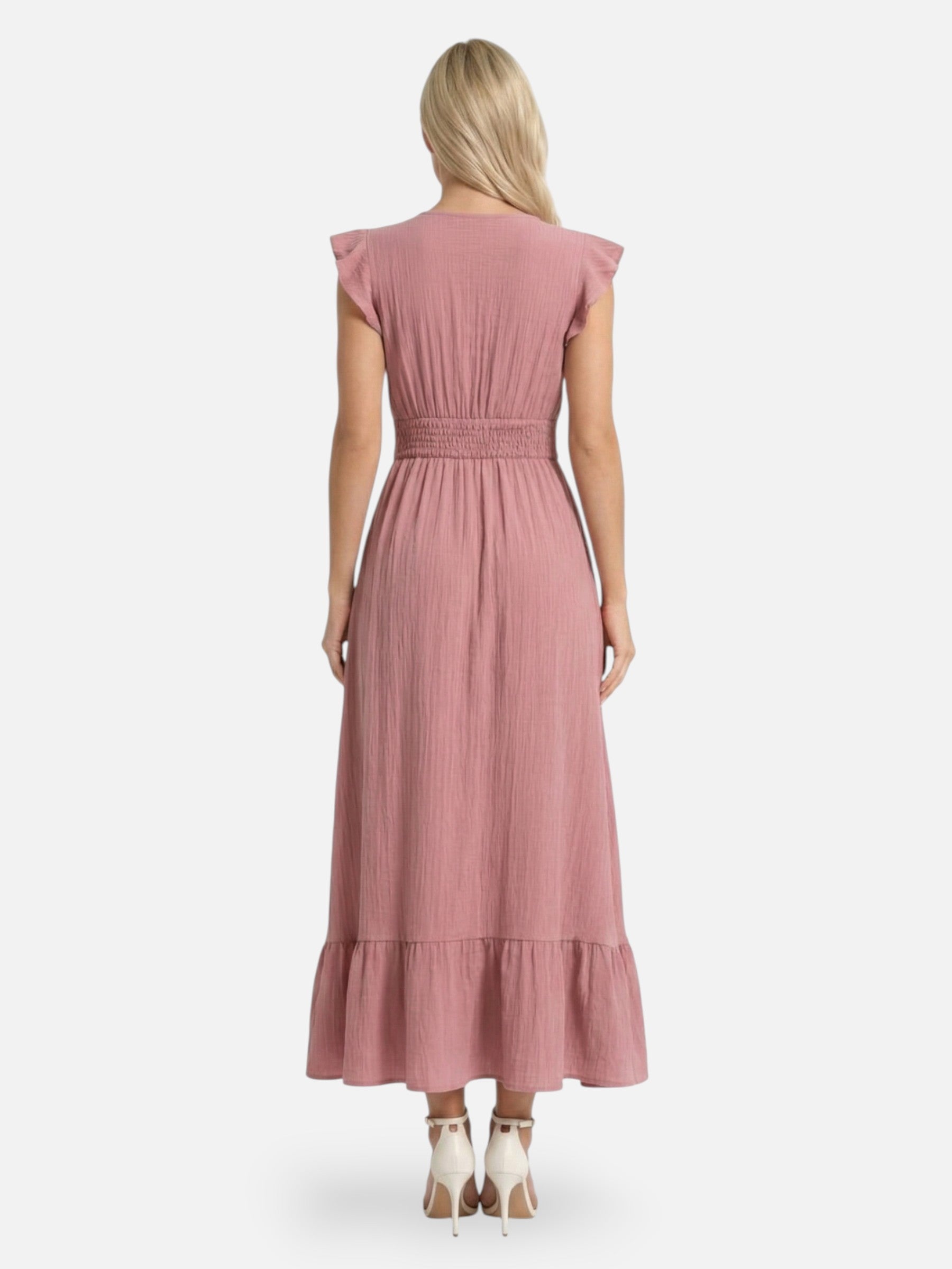 Robe longue femme fluide col V avec manches volantées
