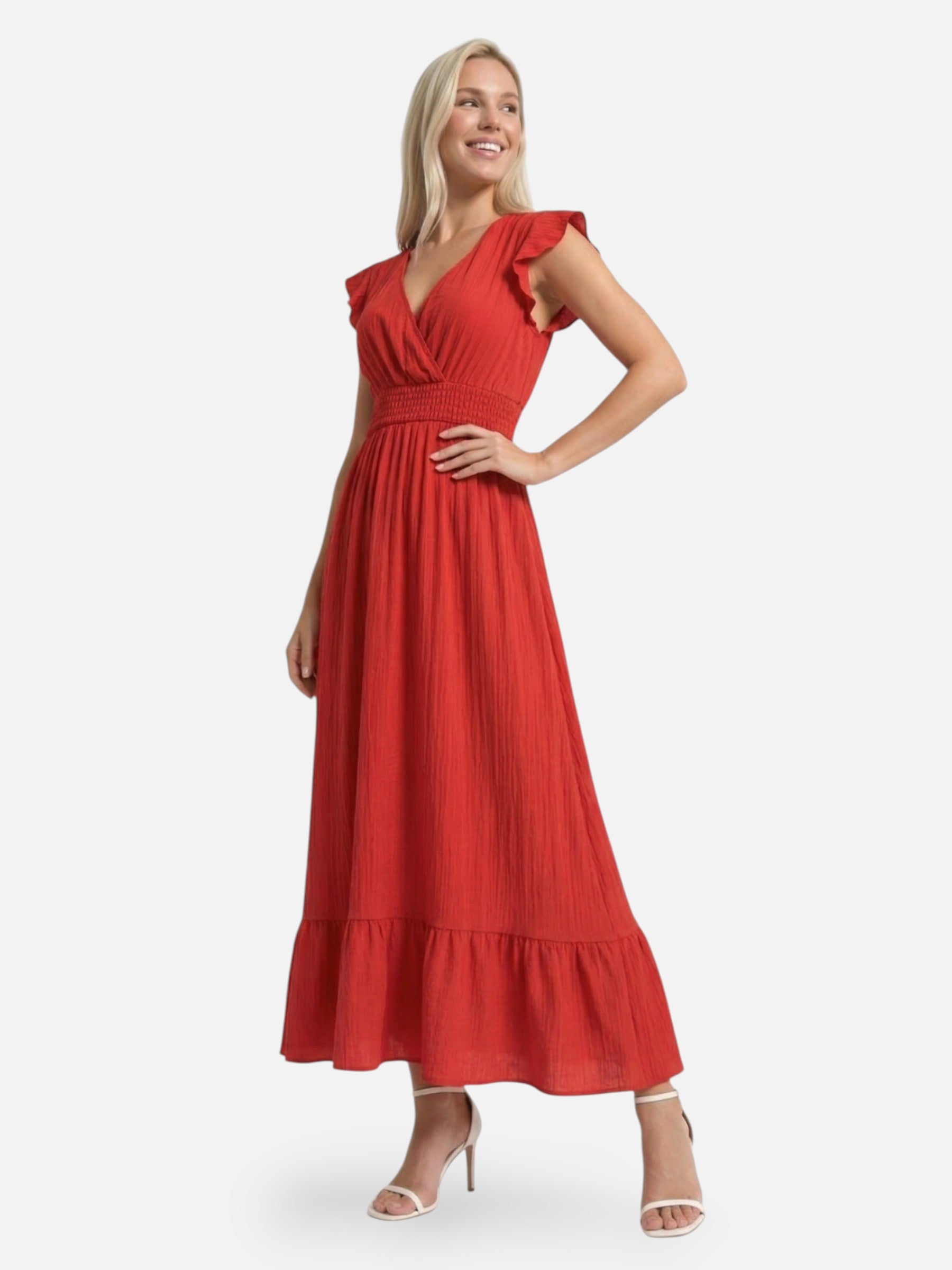Robe longue femme fluide col V avec manches volantées