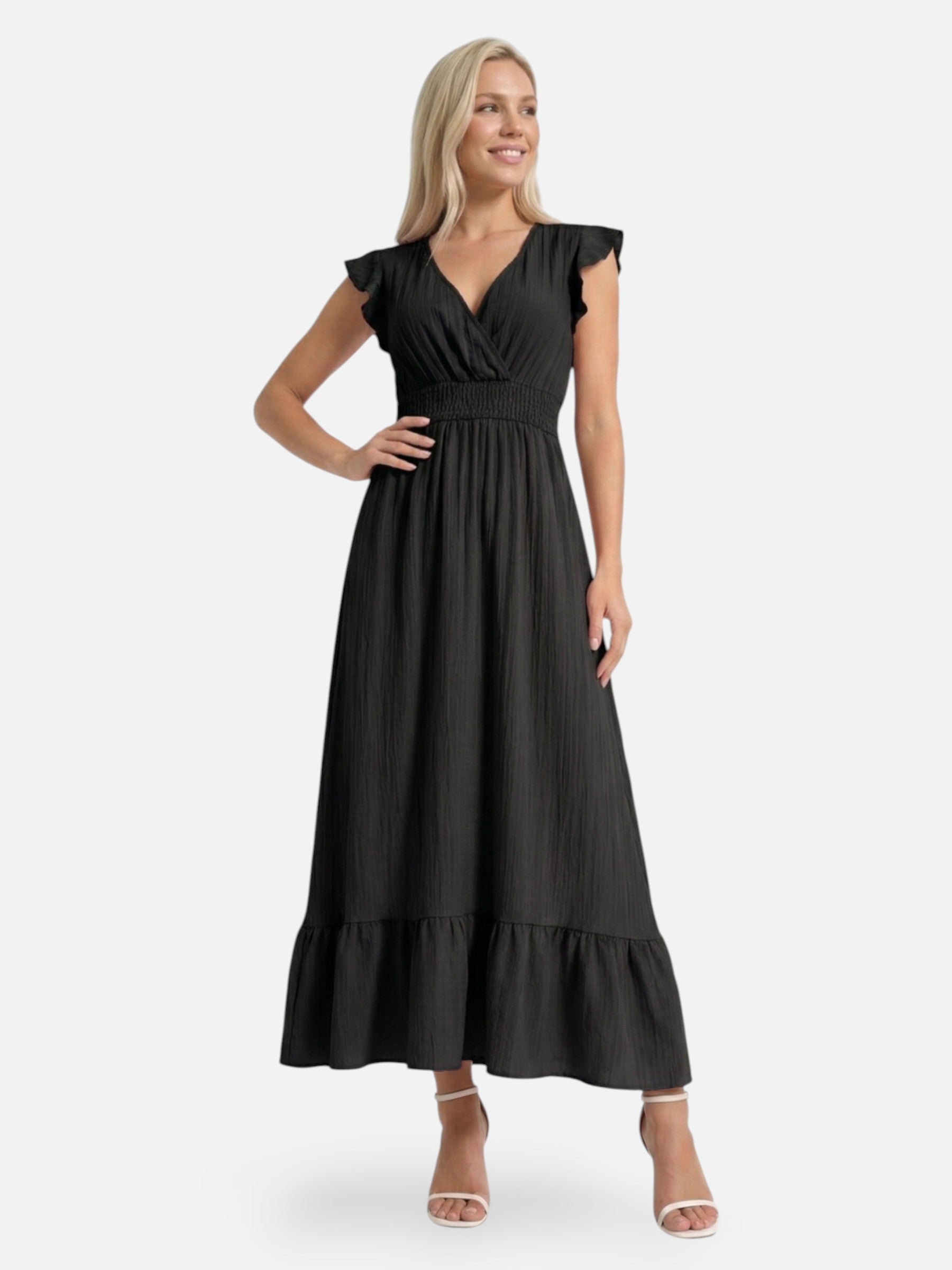 Robe longue femme fluide col V avec manches volantées