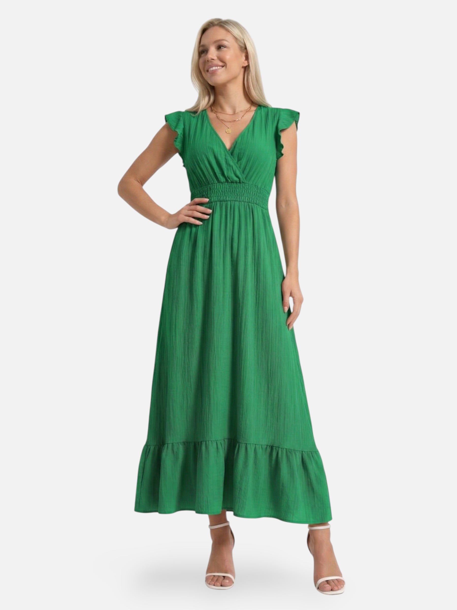 Robe longue femme fluide col V avec manches volantées