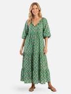 Robe longue verte imprimé floral col en V et jupe à volants