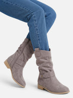 Bottes Femme Mi-Mollet Froissées à Boucle Effet Daim