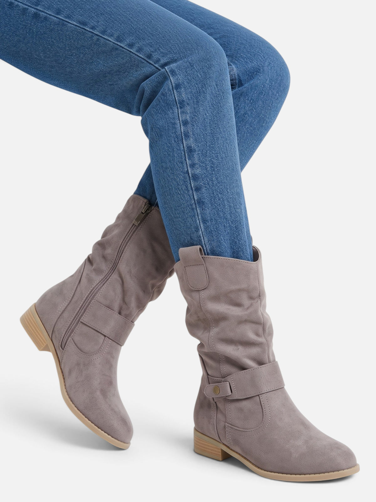 Bottes Femme Mi-Mollet Froissées à Boucle Effet Daim