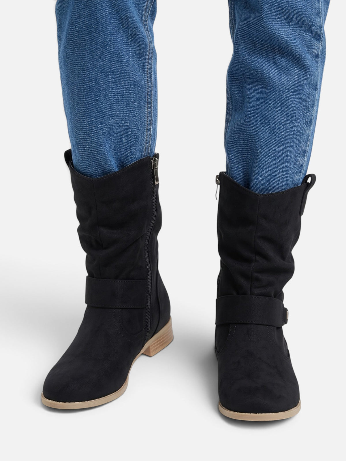 Bottes Femme Mi-Mollet Froissées à Boucle Effet Daim