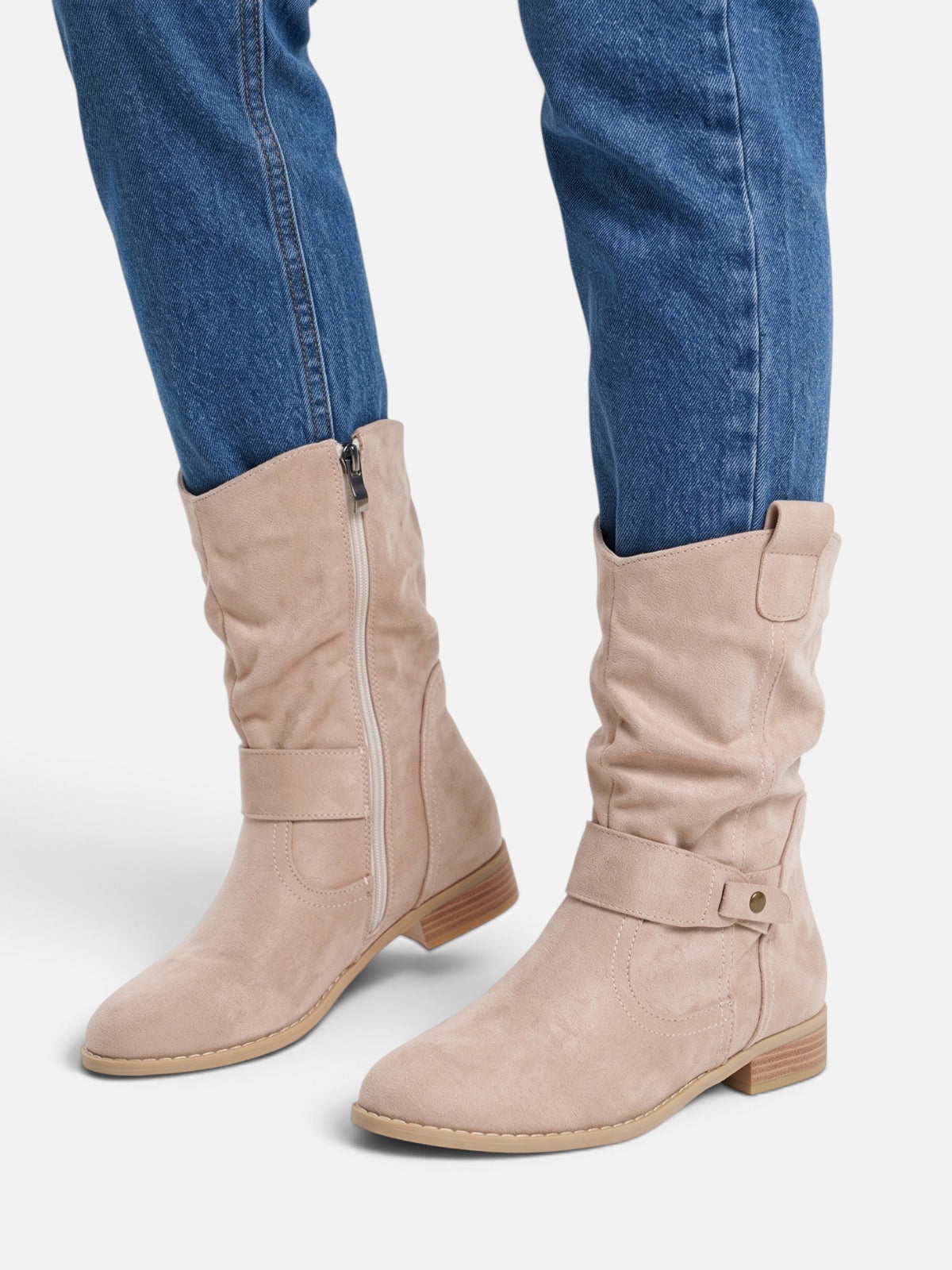 Bottes Femme Mi-Mollet Froissées à Boucle Effet Daim
