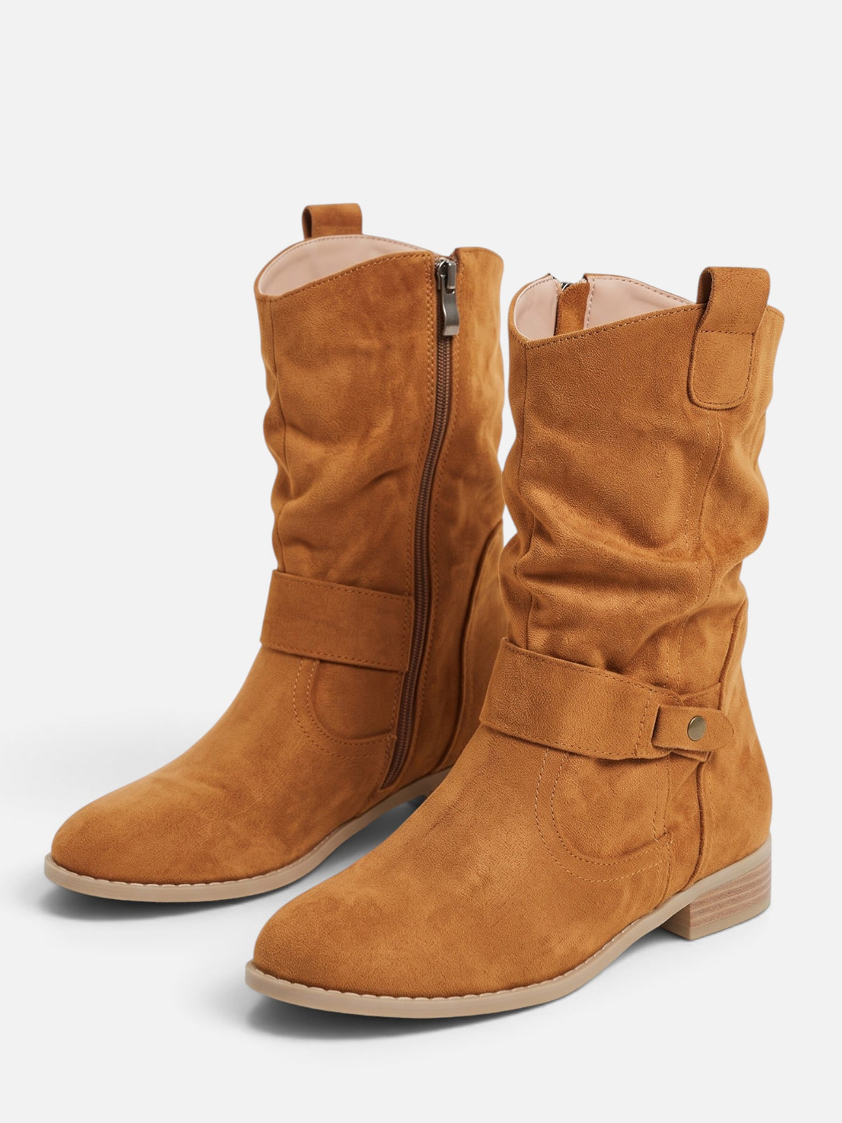 Bottes Femme Mi-Mollet Froissées à Boucle Effet Daim