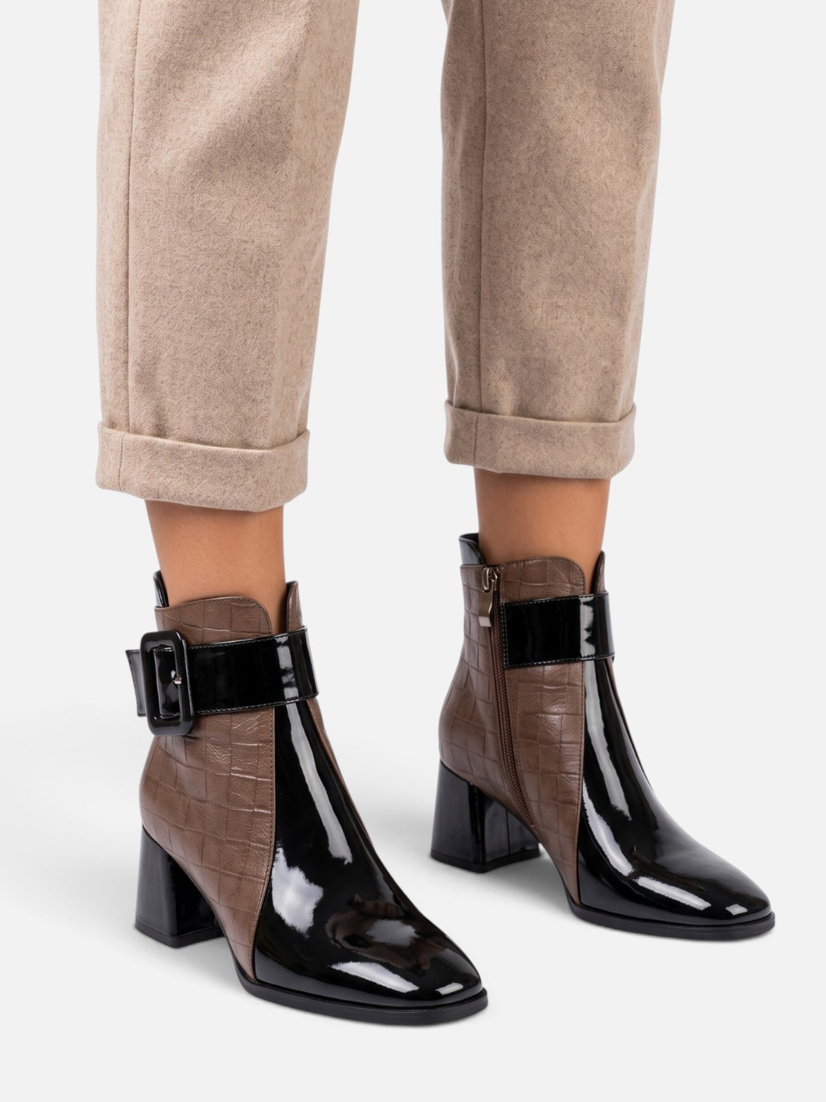 Women's Patent Croc Effect Buckle Ankle Boots