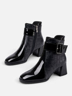 Women's Patent Croc Effect Buckle Ankle Boots