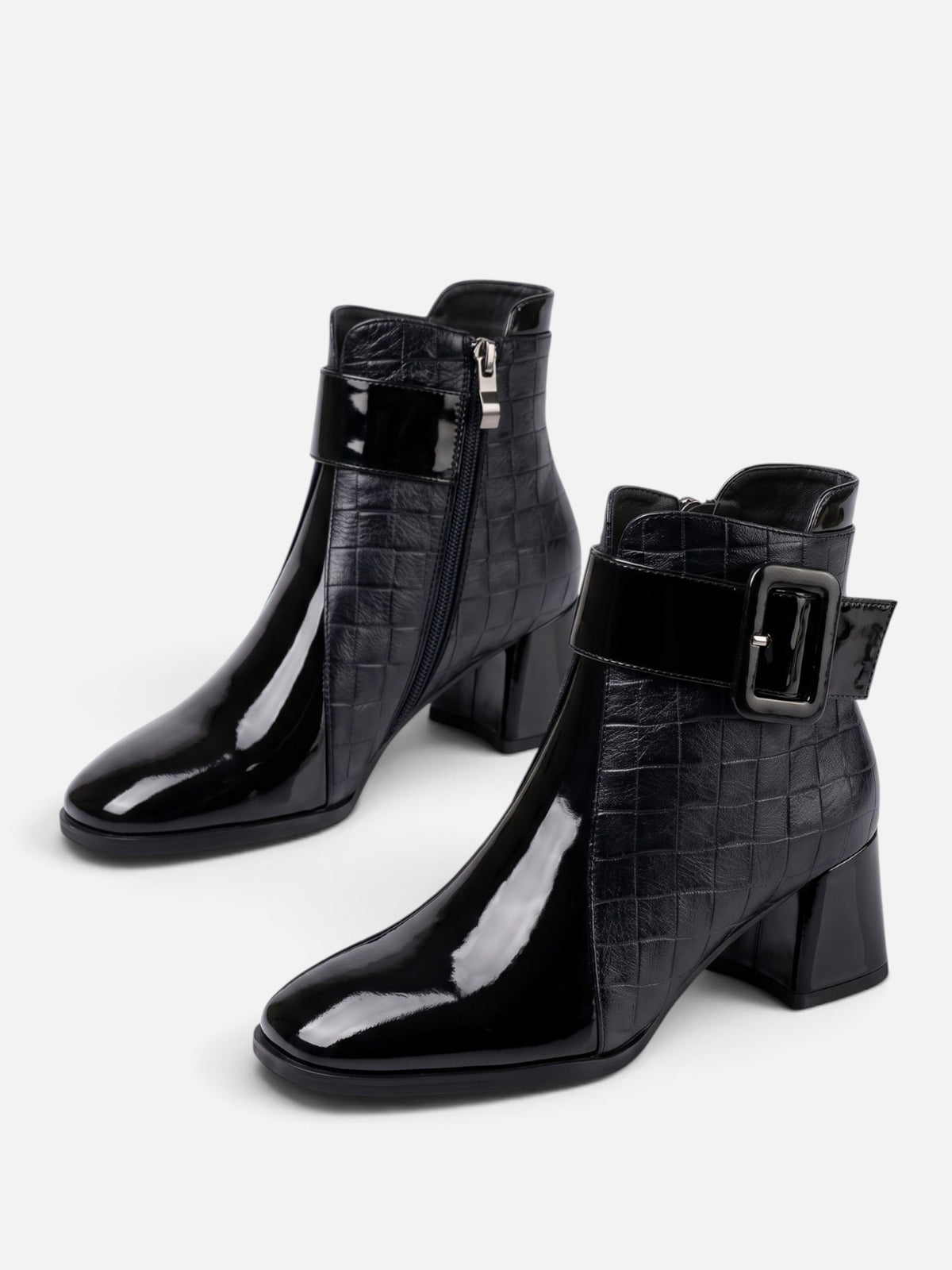 Women's Patent Croc Effect Buckle Ankle Boots