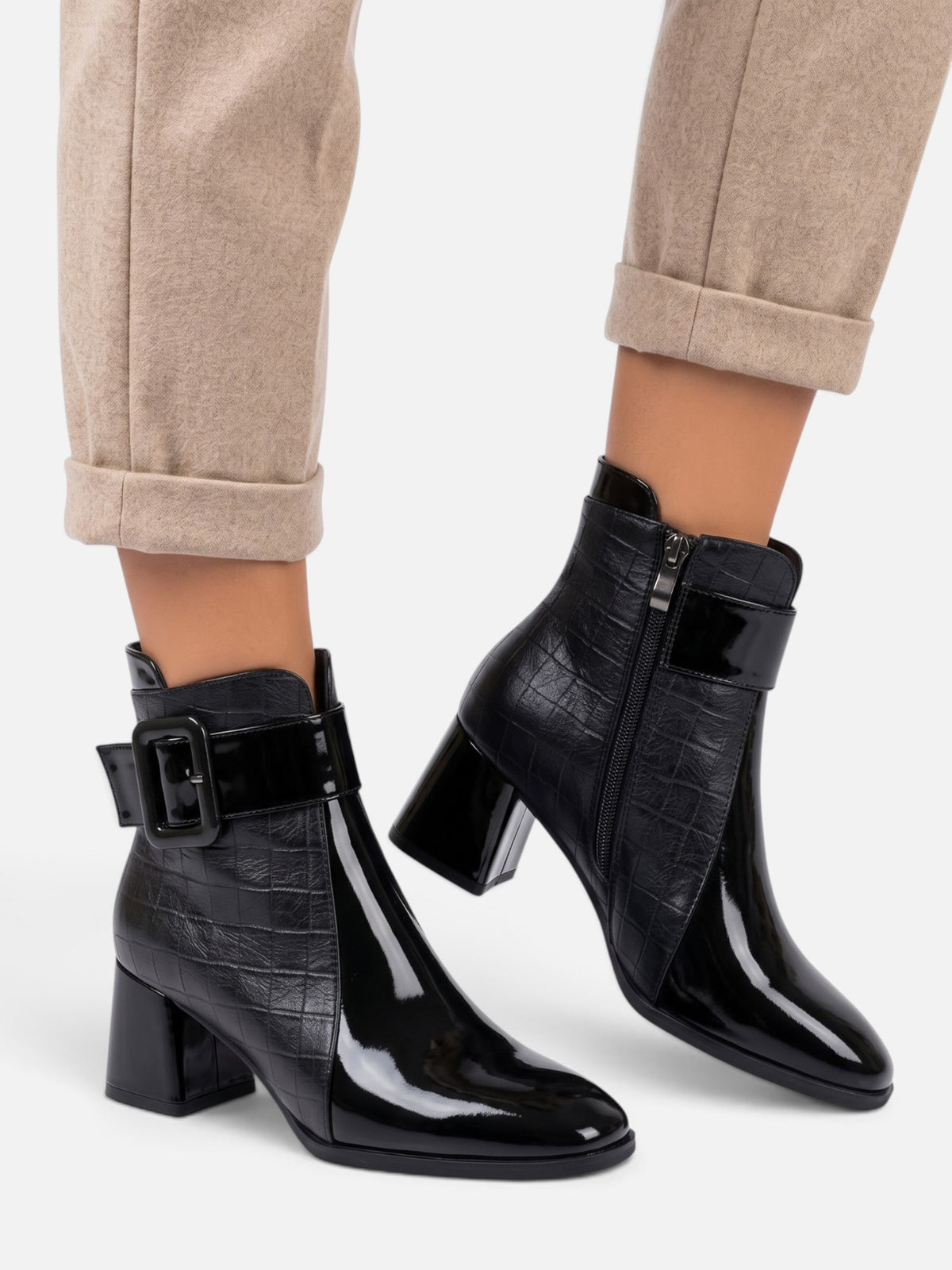 Women's Patent Croc Effect Buckle Ankle Boots