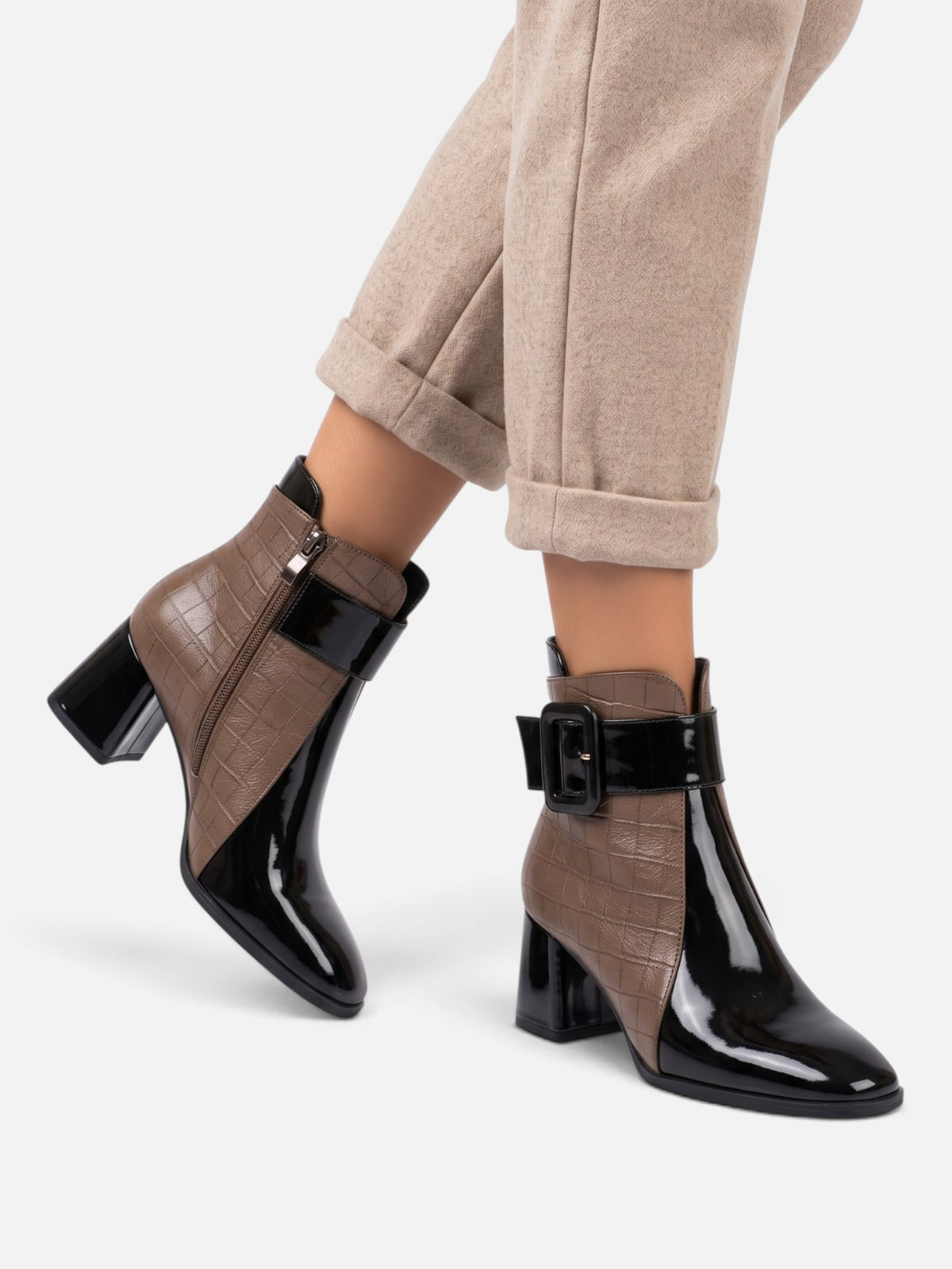 Women's Patent Croc Effect Buckle Ankle Boots