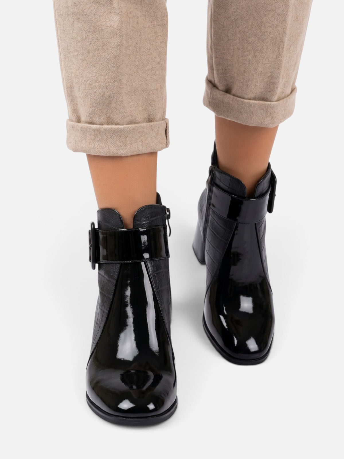 Women's Patent Croc Effect Buckle Ankle Boots
