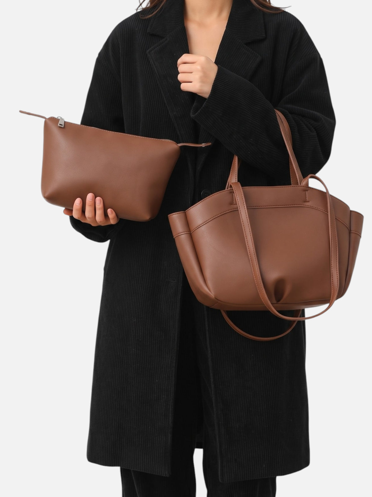Sac Cabas Femme Simili Cuir Lisse Porté Épaule avec Pochette
