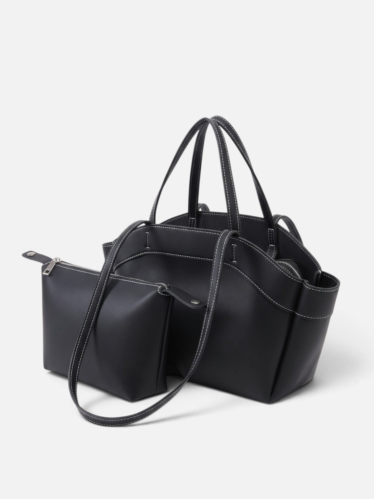 Sac Cabas Femme Simili Cuir Lisse Porté Épaule avec Pochette