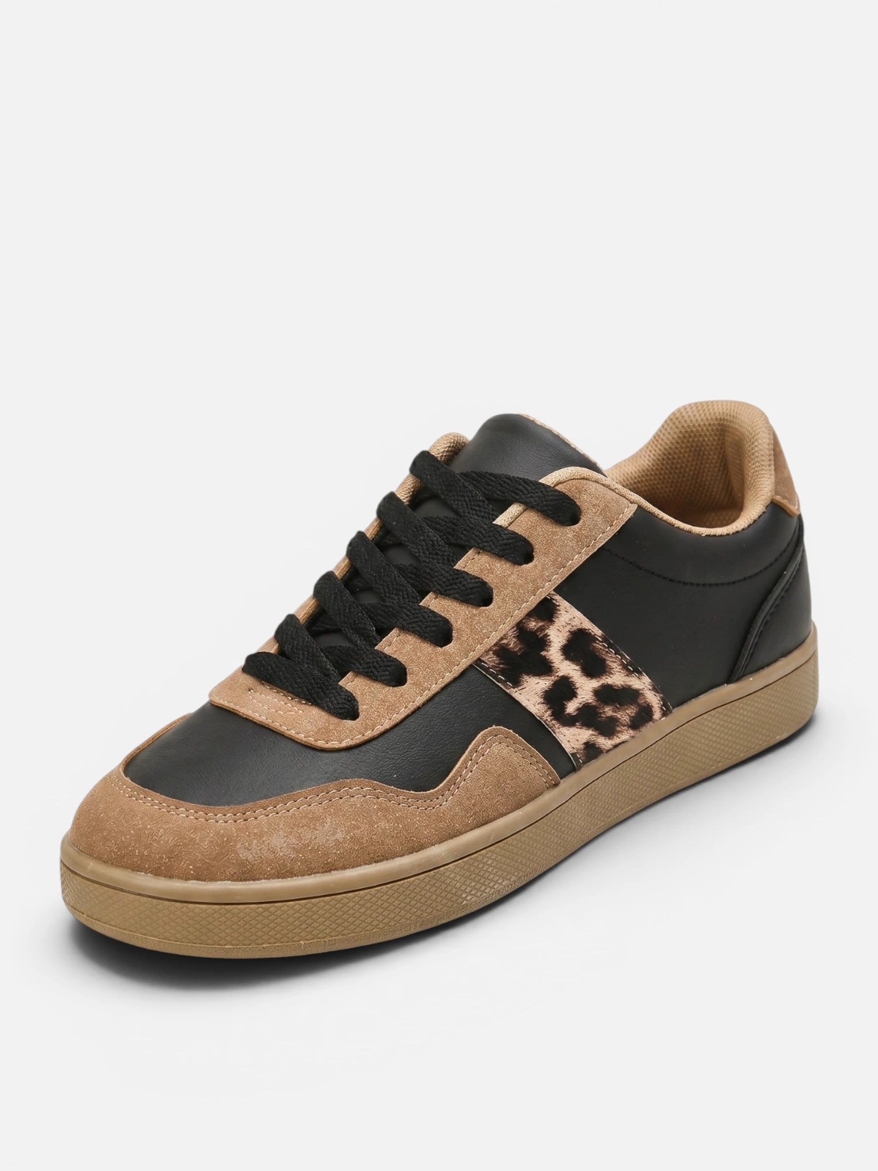 Sneaker femme style rétro bande léopard et semelle gomme