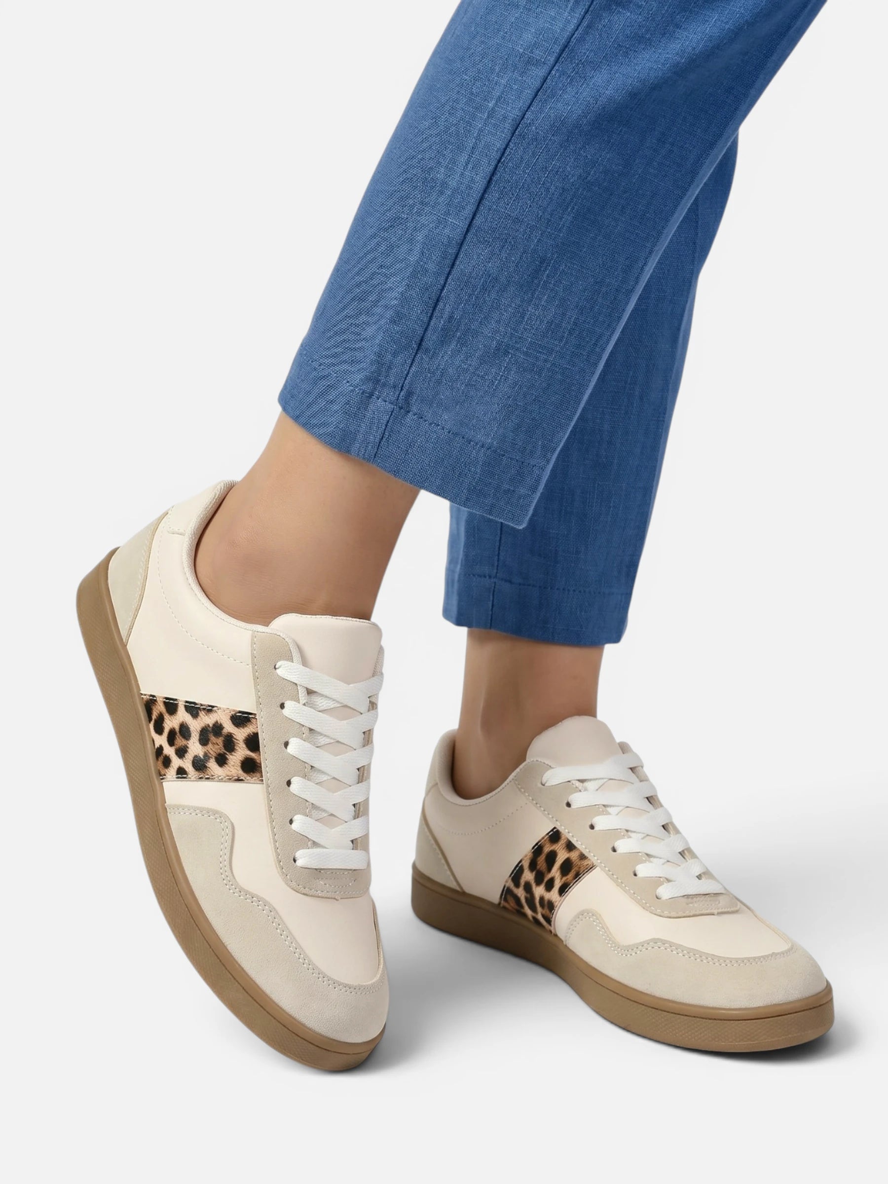 Sneaker femme style rétro bande léopard et semelle gomme