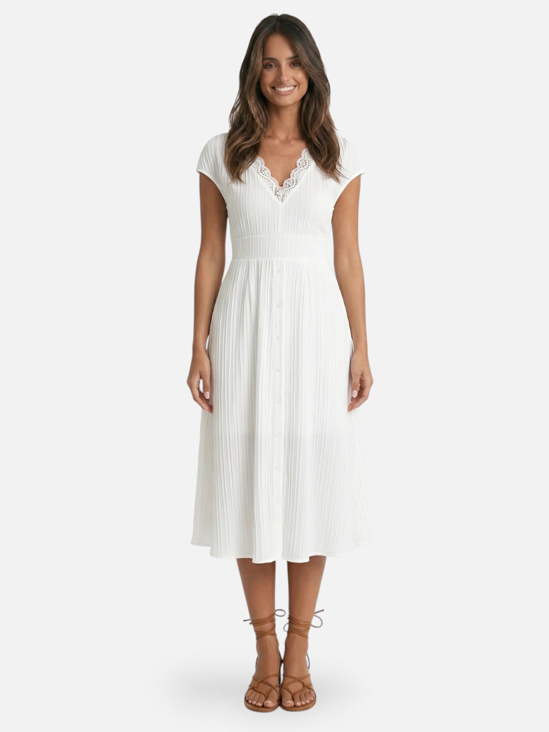 Robe midi femme plissée col V avec dentelle