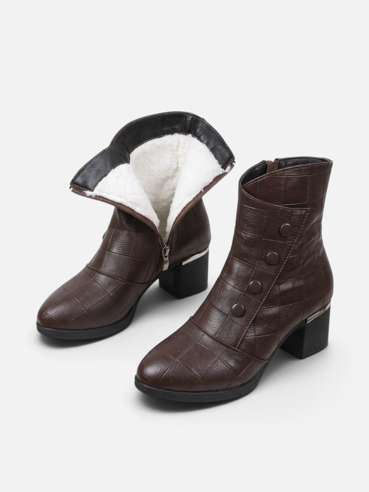 Women's Croc Effect Fur Lined Button Detail Ankle Boots