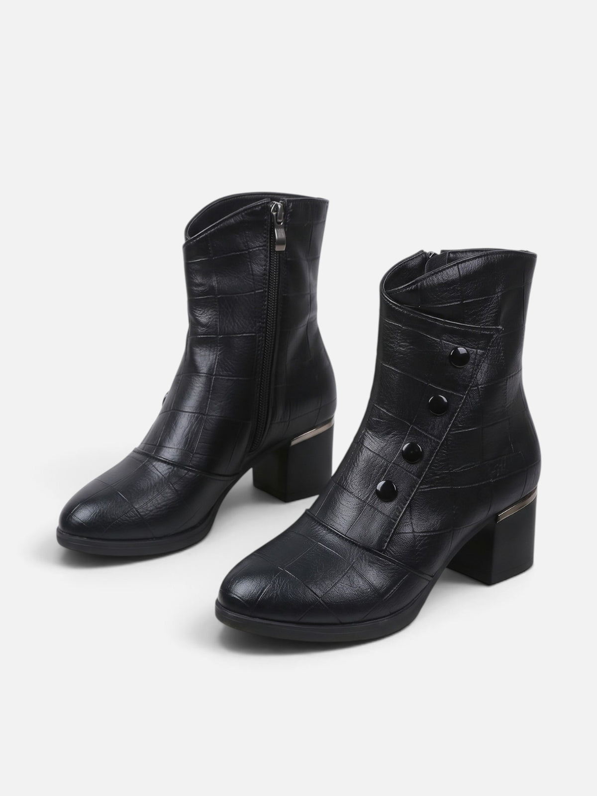 Women's Croc Effect Fur Lined Button Detail Ankle Boots