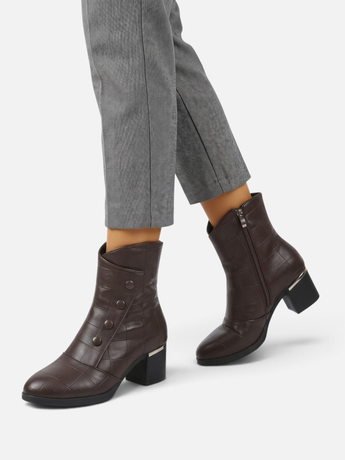 Women's Croc Effect Fur Lined Button Detail Ankle Boots