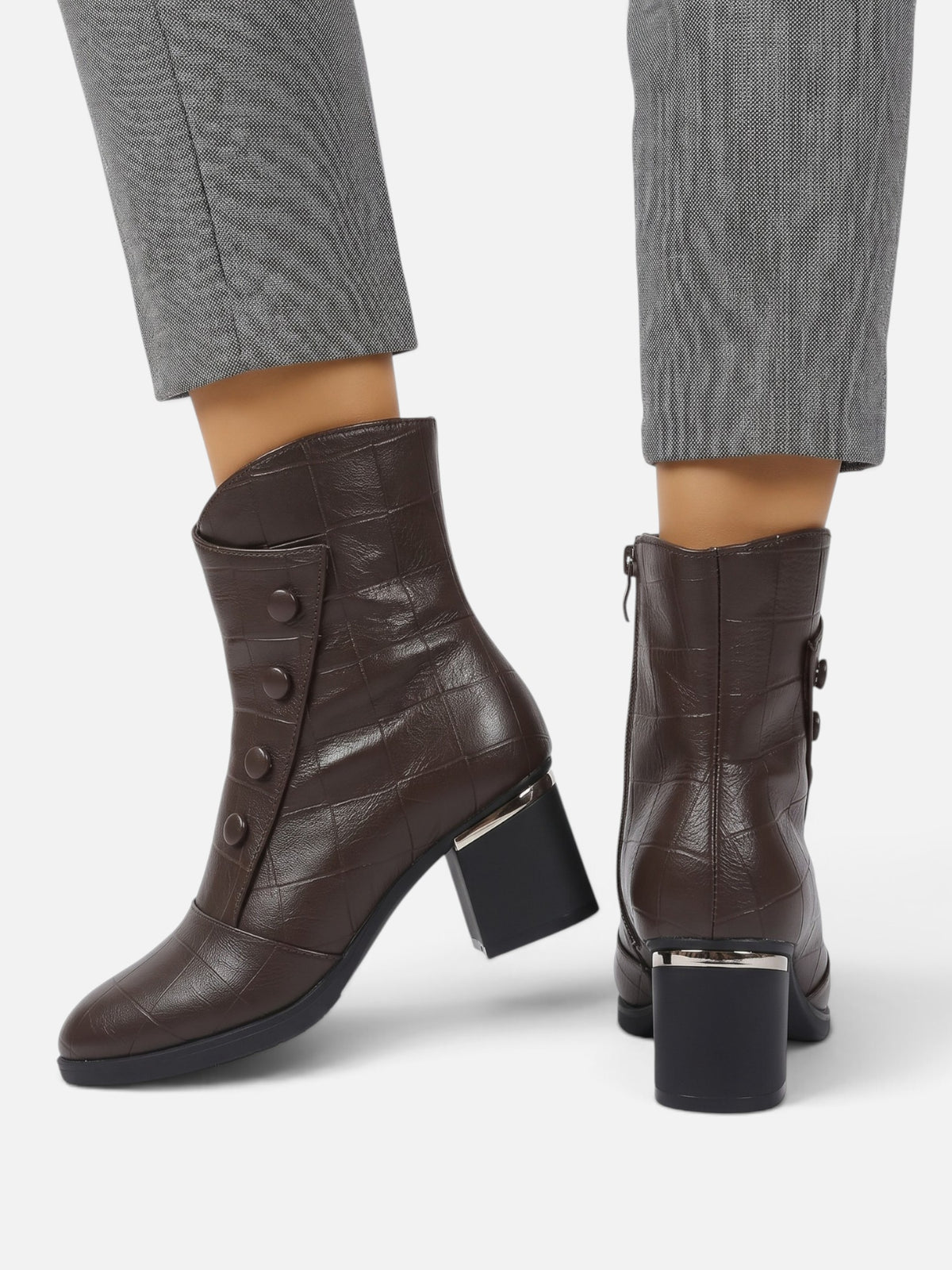 Women's Croc Effect Fur Lined Button Detail Ankle Boots