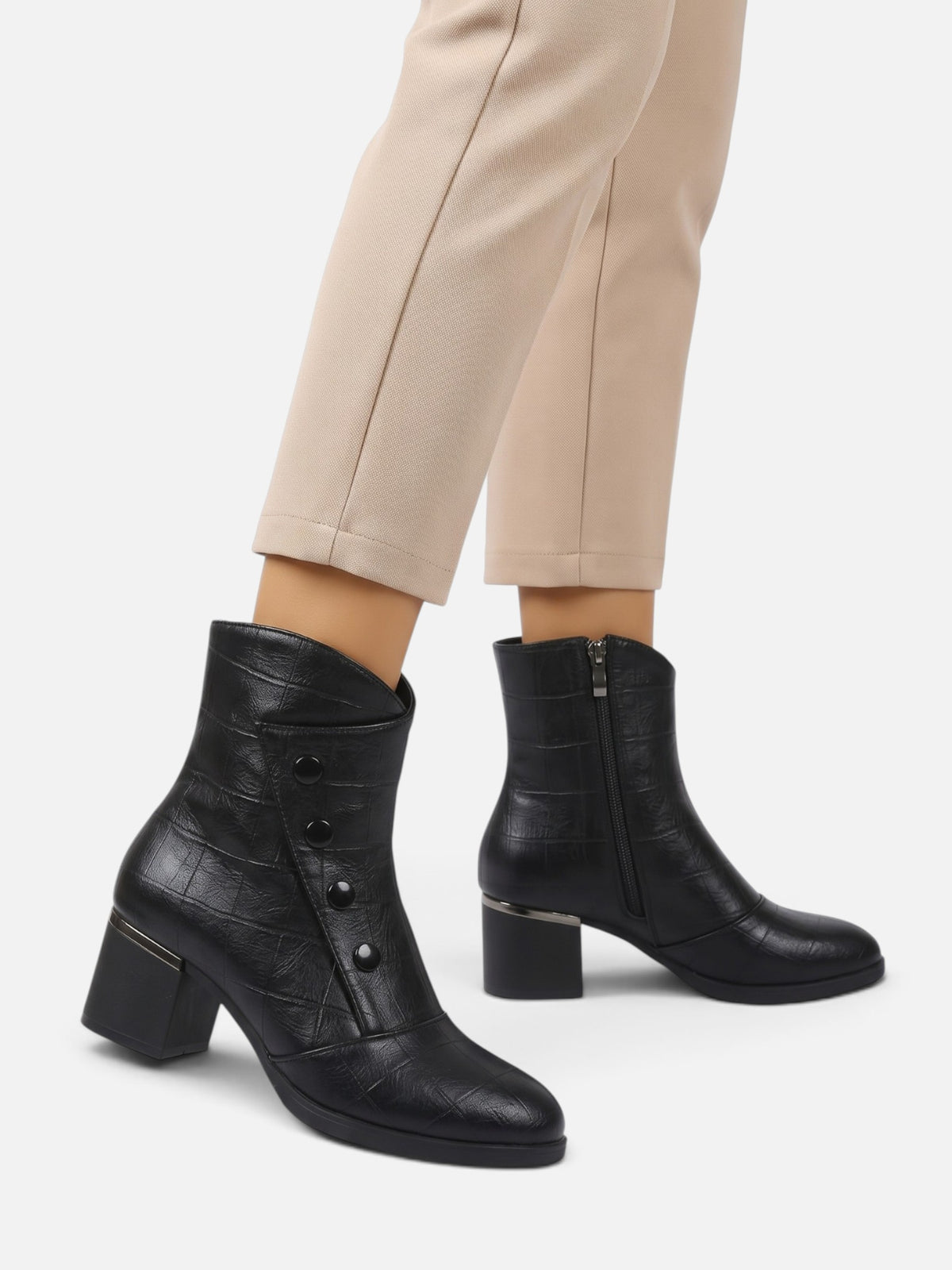Women's Croc Effect Fur Lined Button Detail Ankle Boots