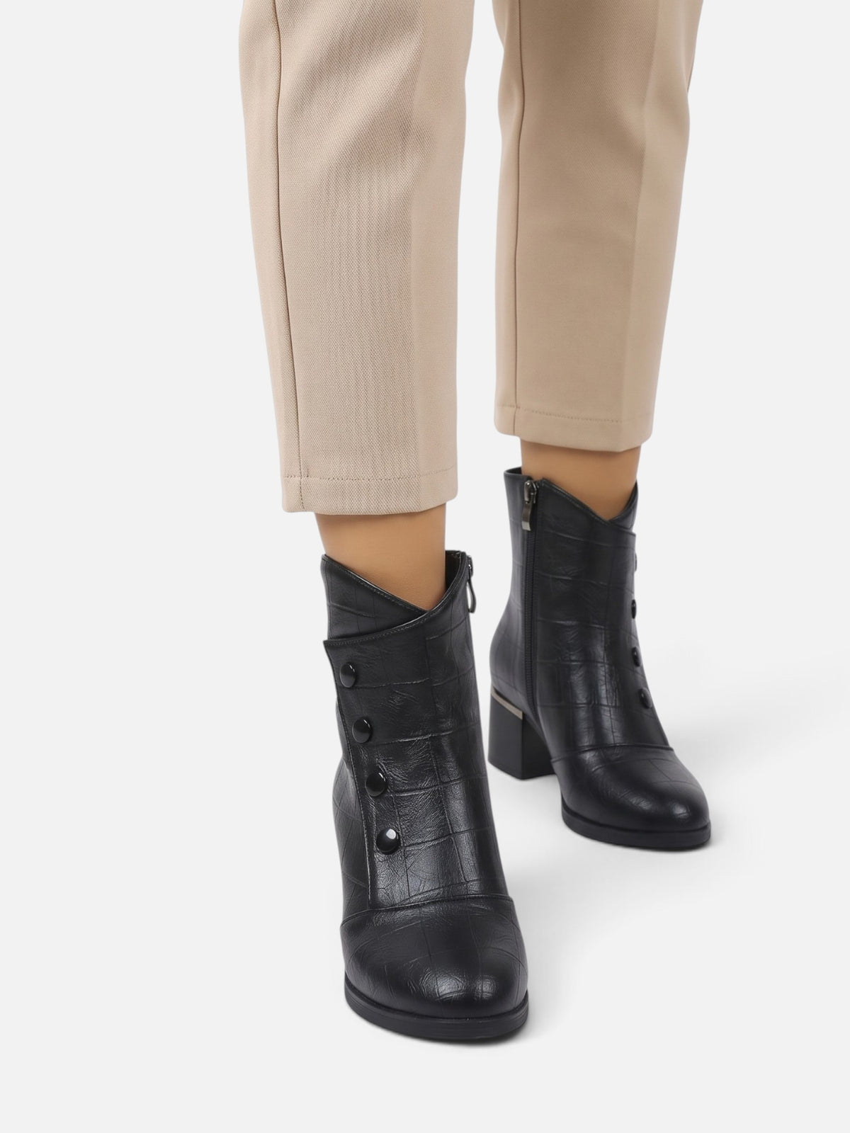 Women's Croc Effect Fur Lined Button Detail Ankle Boots