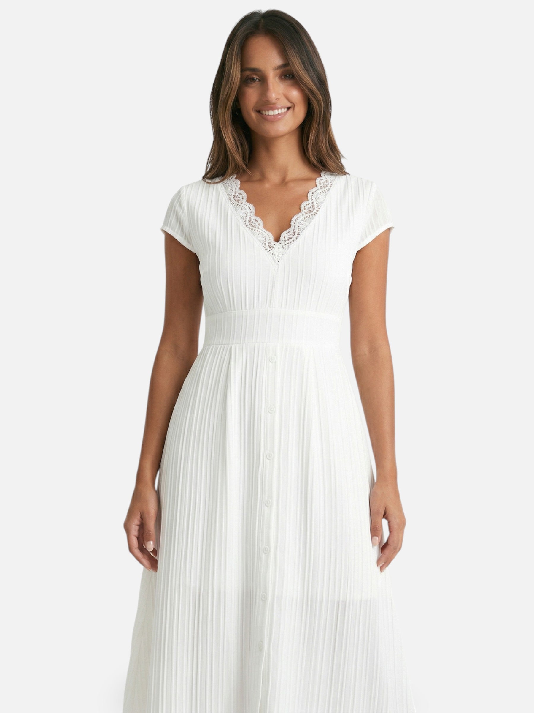 Robe midi femme plissée col V avec dentelle