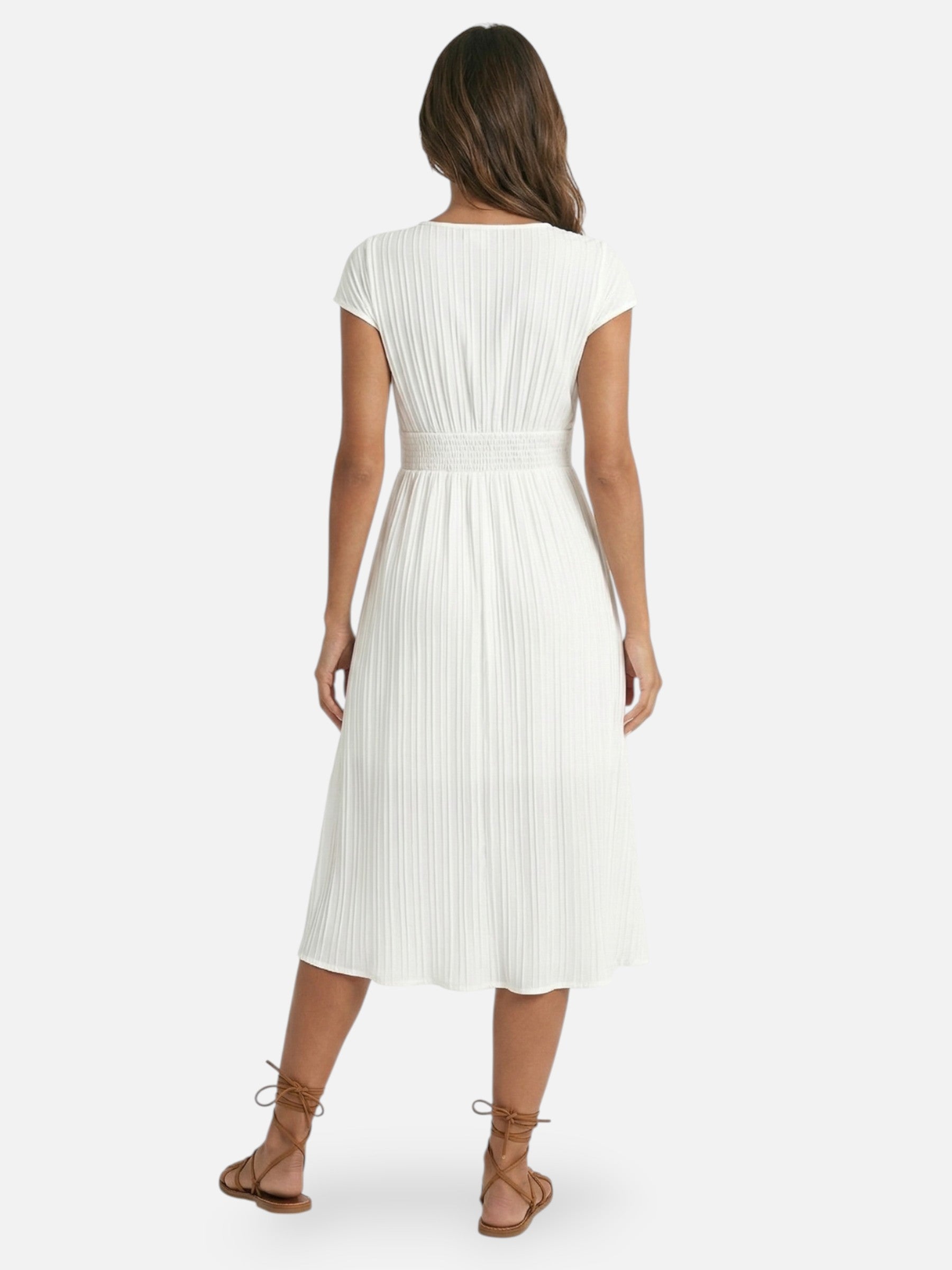Robe midi femme plissée col V avec dentelle