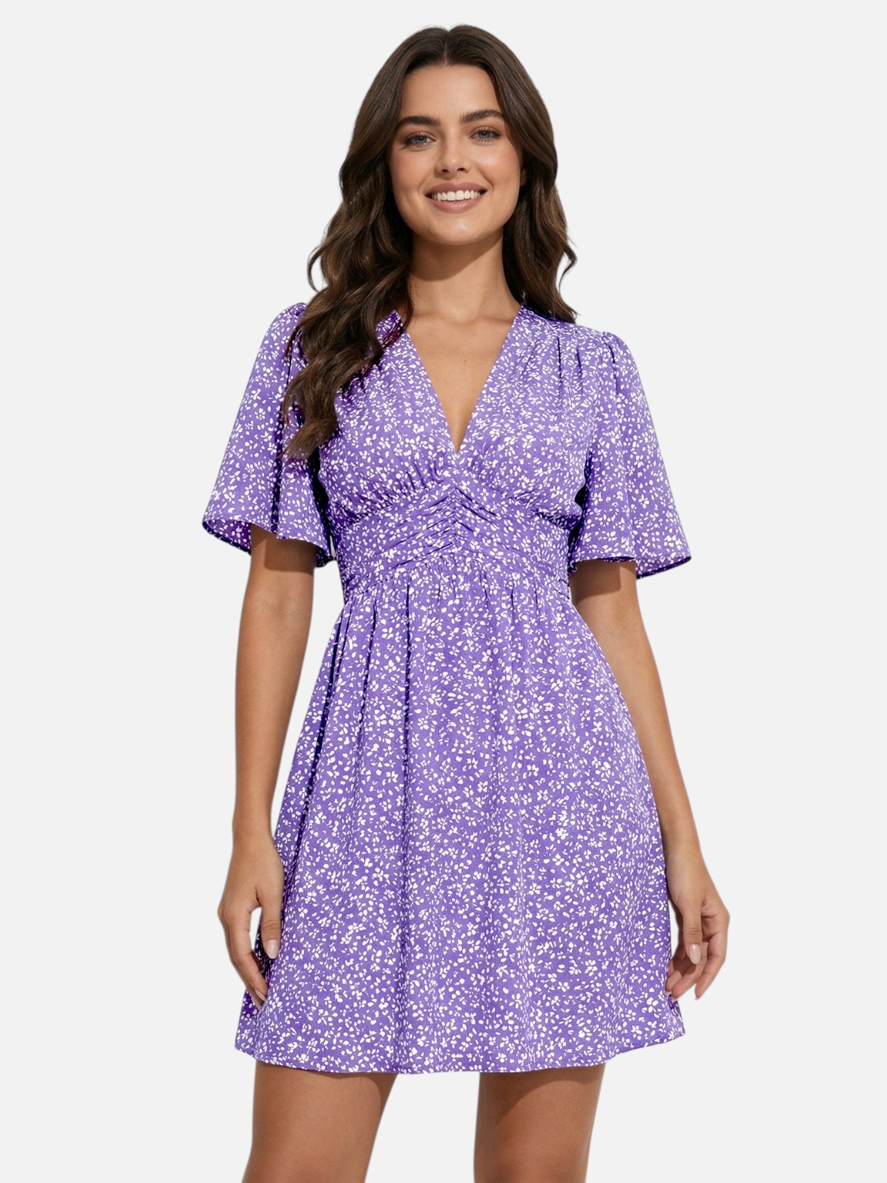 Robe femme courte fluide à imprimé avec col V et taille marquée