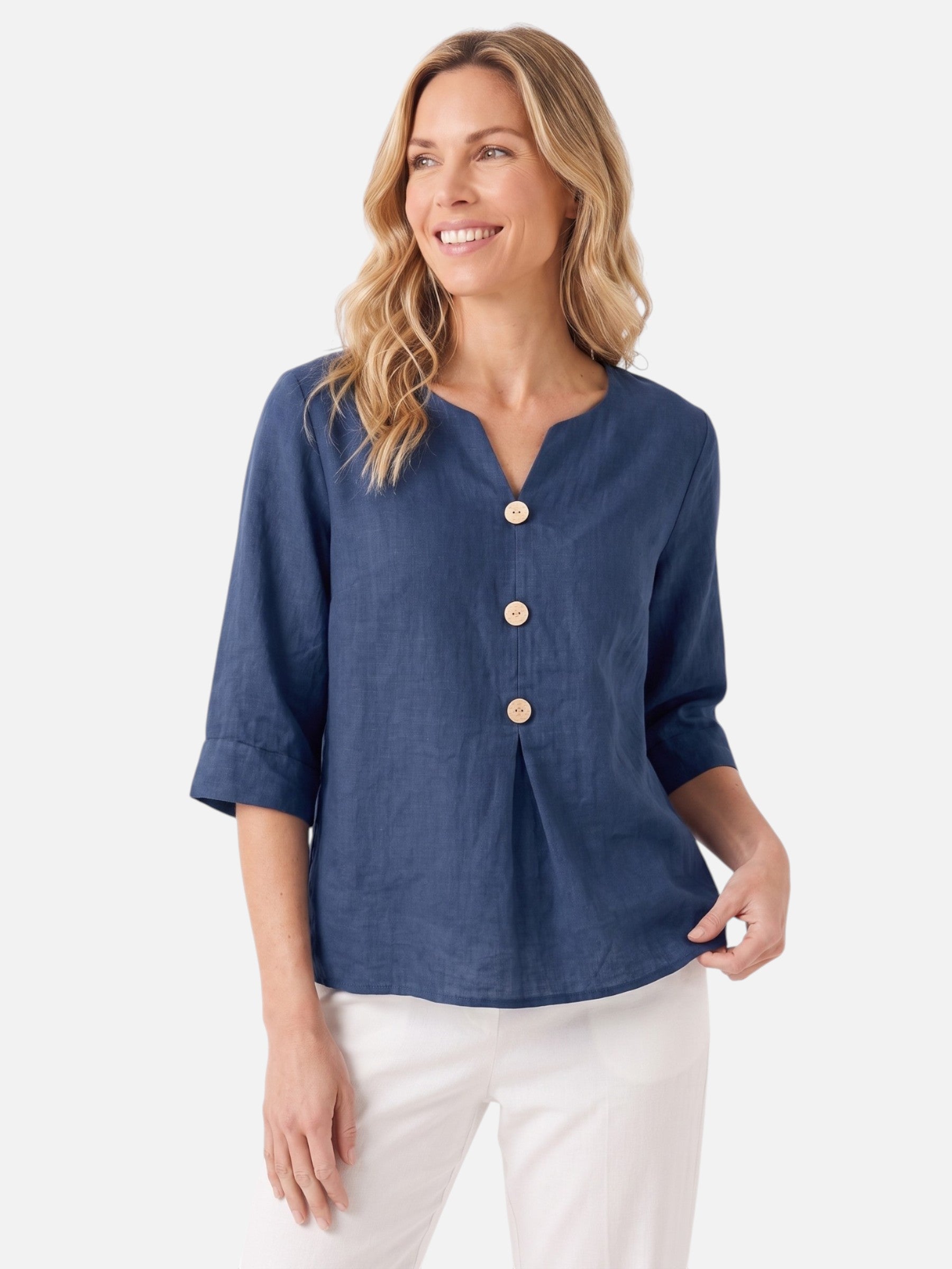 Blouse Femme en Lin Col V Boutons Bois