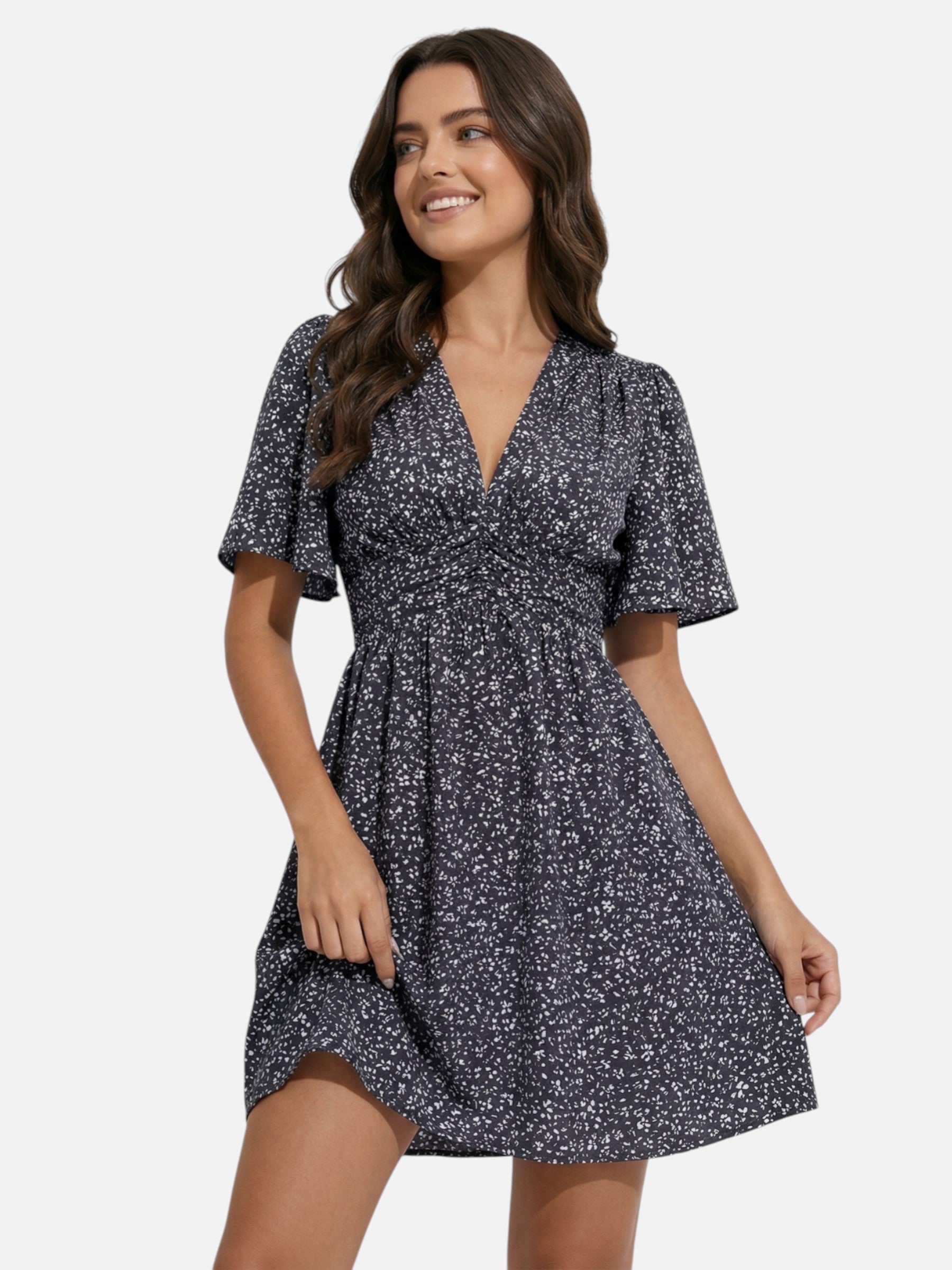 Robe femme courte fluide à imprimé avec col V et taille marquée